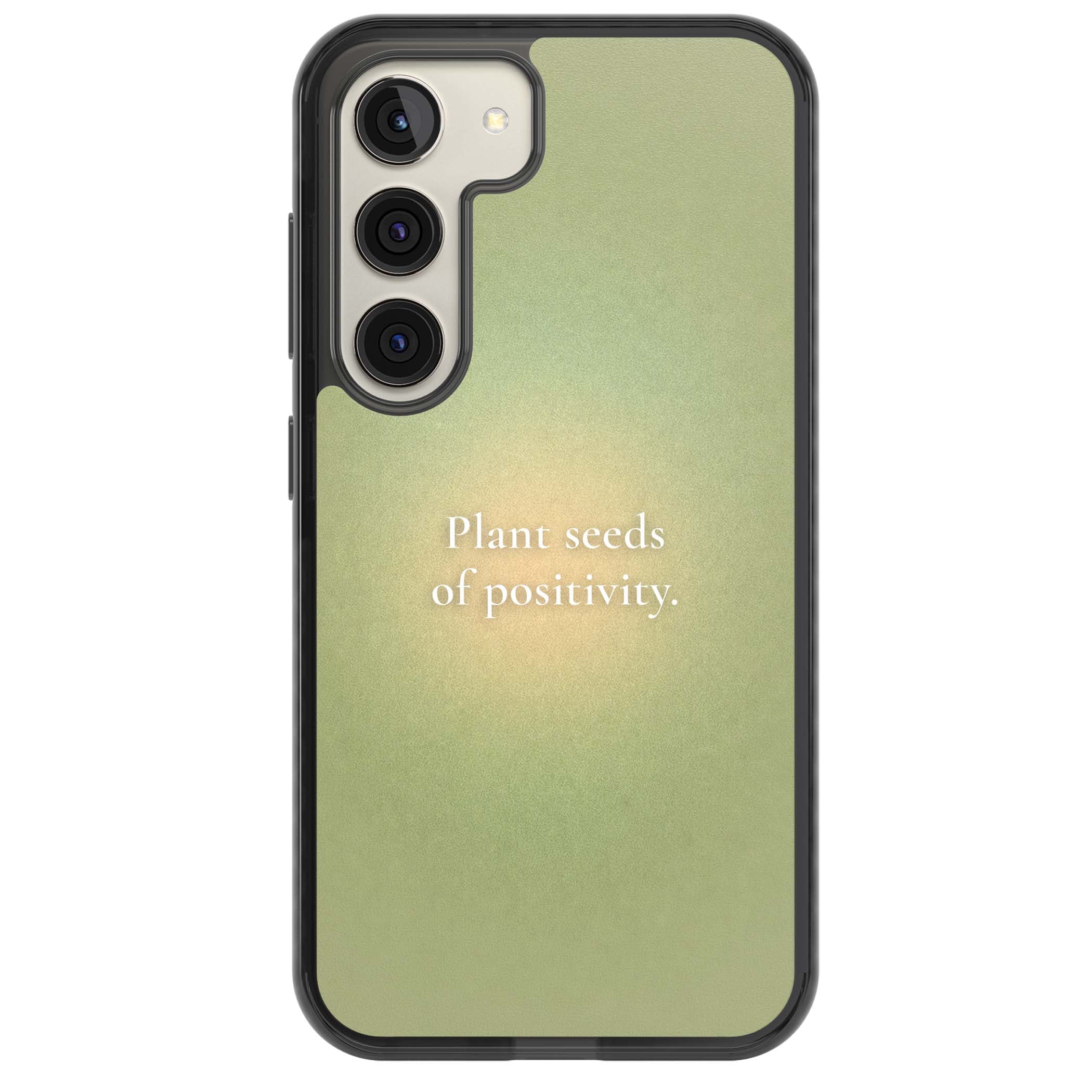 Seeds of Positivity quote iPhone case featuring a sage green aura gradient and golden glow affirmation | Black Impact case for Samsung Galaxy S24, Samsung Galaxy S23, Samsung Galaxy S22