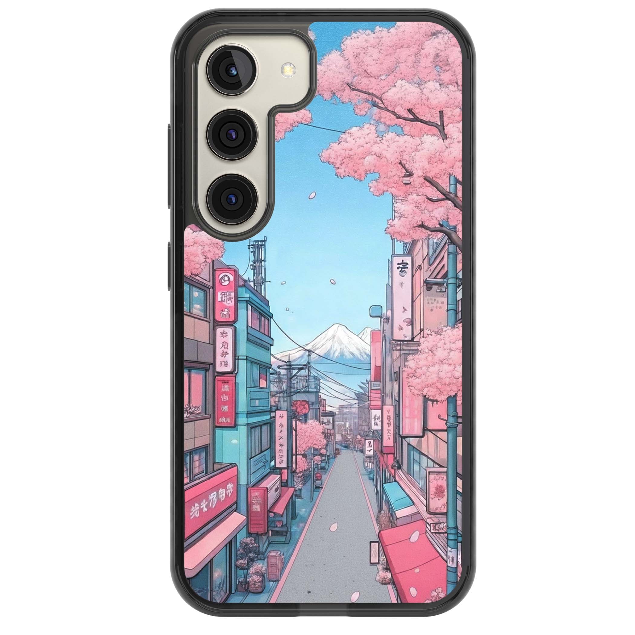 Sakura Lane anime iPhone case featuring Tokyo street scene with cherry blossoms and Mount Fuji | Black Impact case for Samsung Galaxy S24, Samsung Galaxy S23, Samsung Galaxy S22