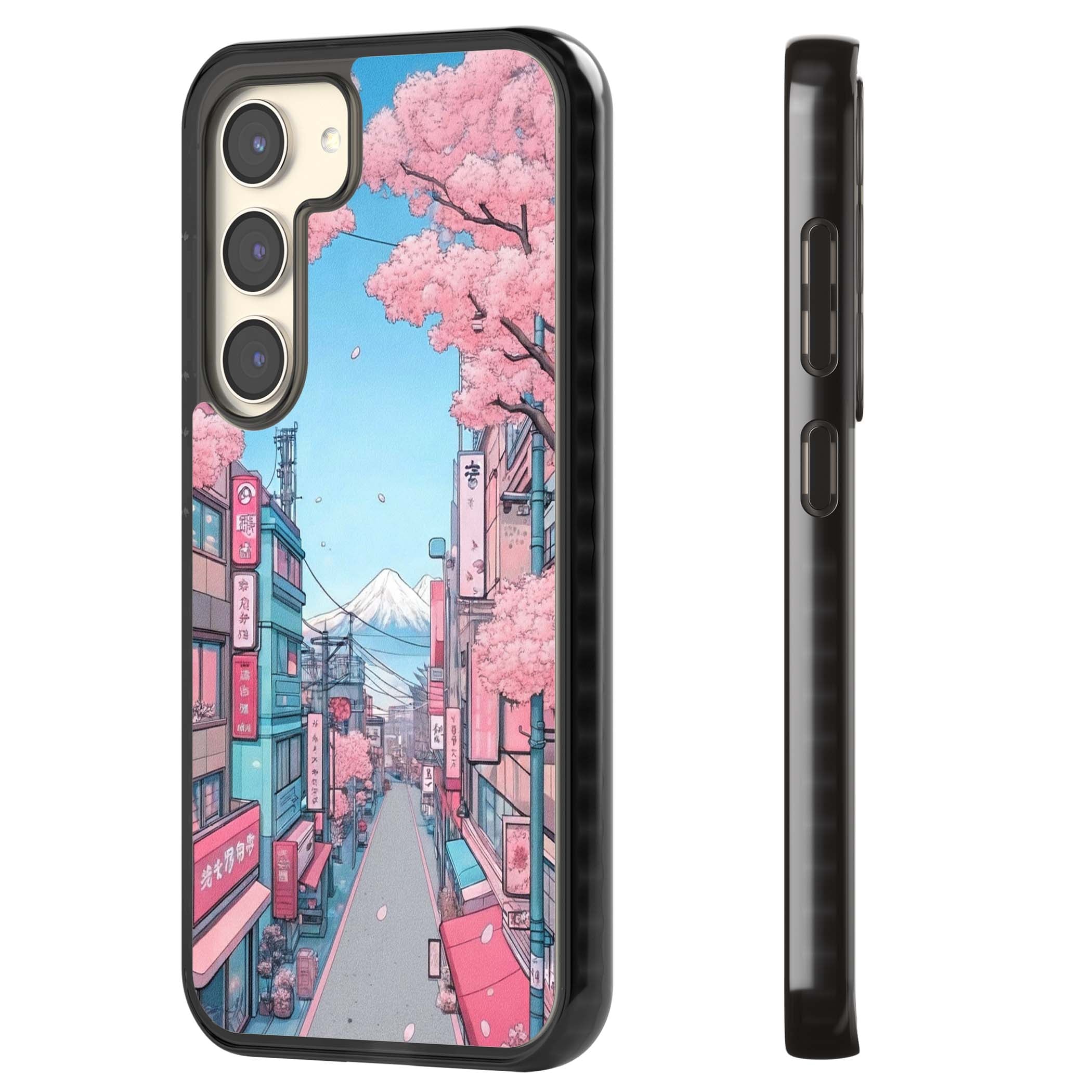 Sakura Lane anime iPhone case featuring Tokyo street scene with cherry blossoms and Mount Fuji | Black Impact case for Samsung Galaxy S24, Samsung Galaxy S23, Samsung Galaxy S22
