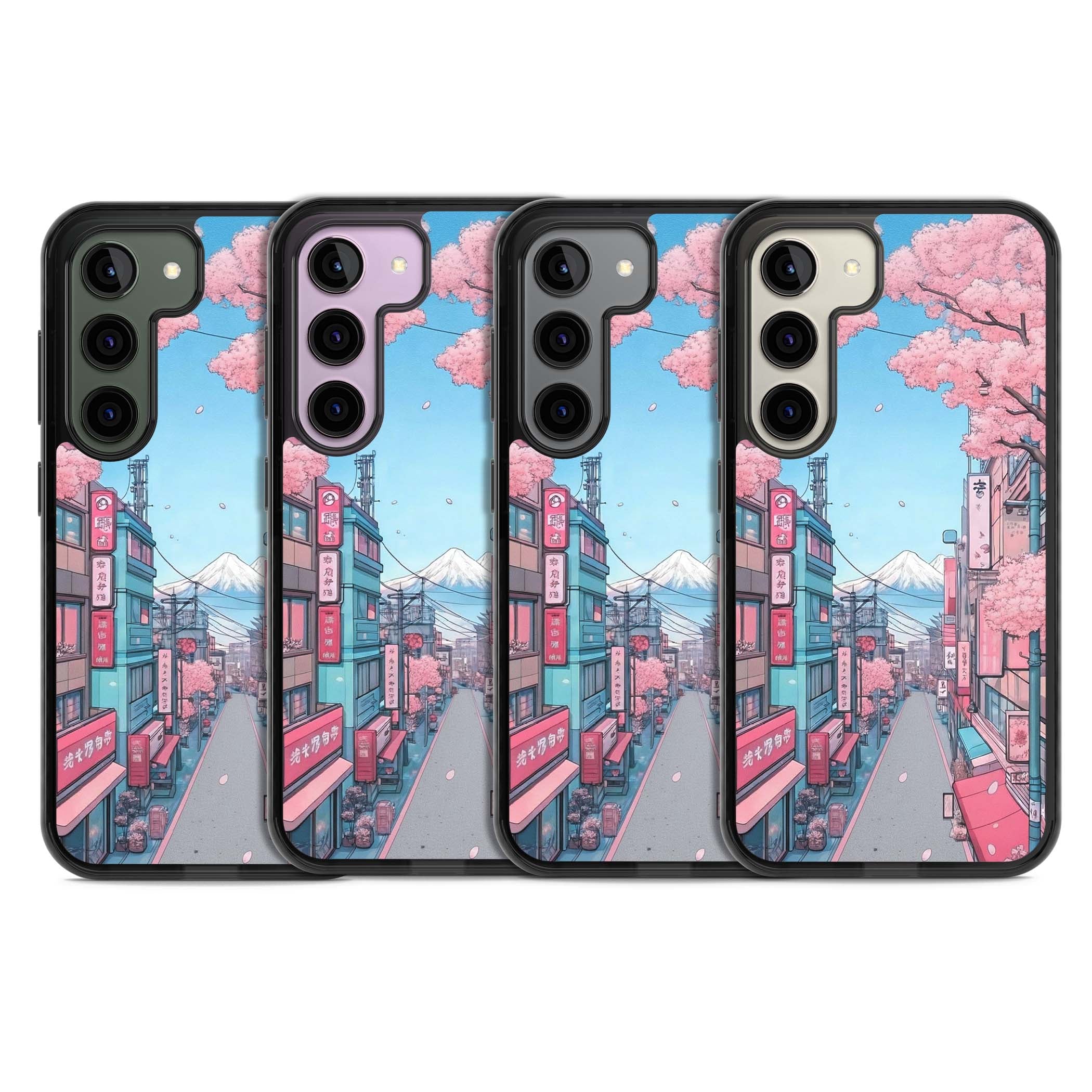 Sakura Lane anime iPhone case featuring Tokyo street scene with cherry blossoms and Mount Fuji | Black Impact case for Samsung Galaxy S24, Samsung Galaxy S23, Samsung Galaxy S22