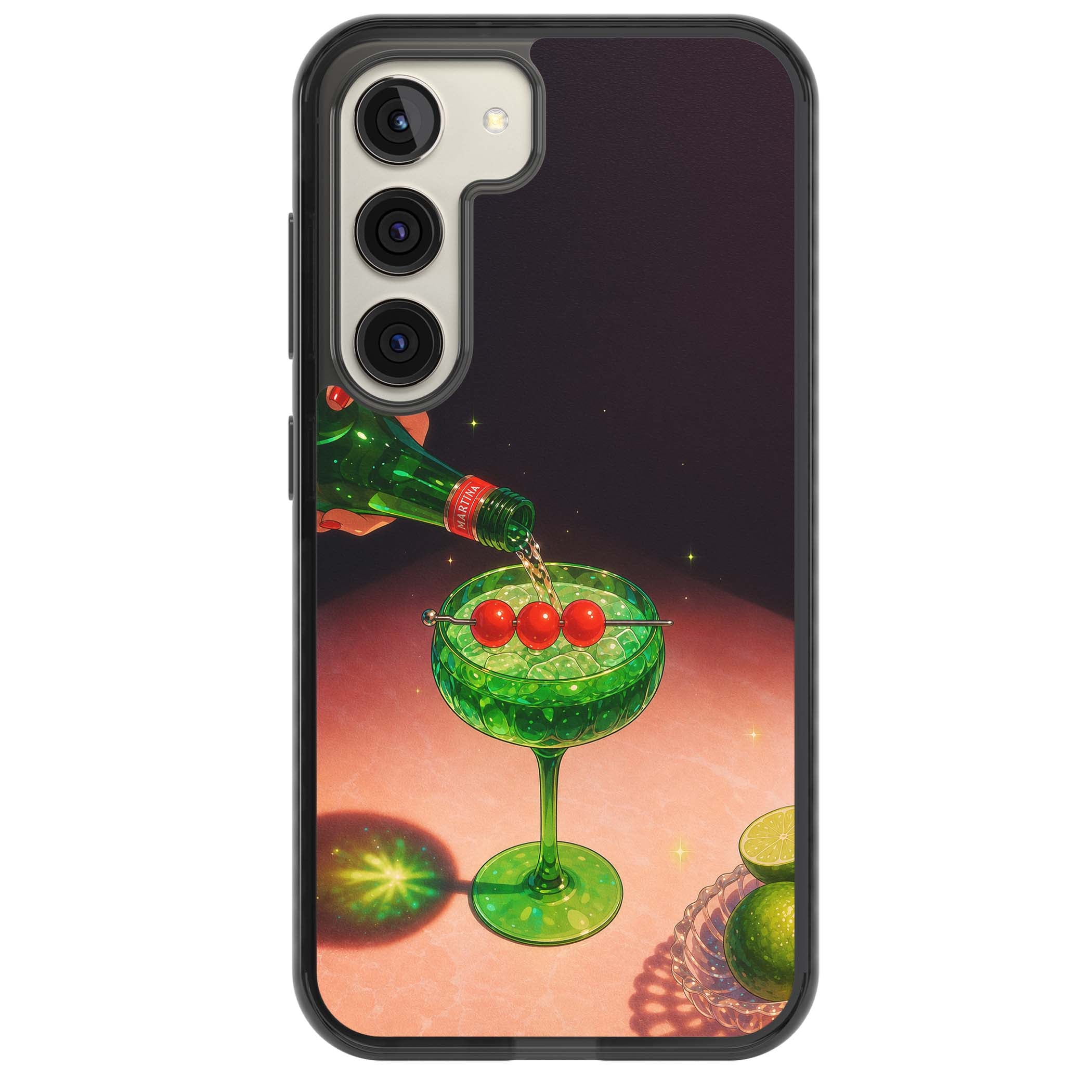 Absinthe Hour cocktail iPhone case featuring a green coupe glass, cherry garnish and vintage bottle pour illustration | Black Impact case for Samsung Galaxy S24, Samsung Galaxy S23, Samsung Galaxy S22