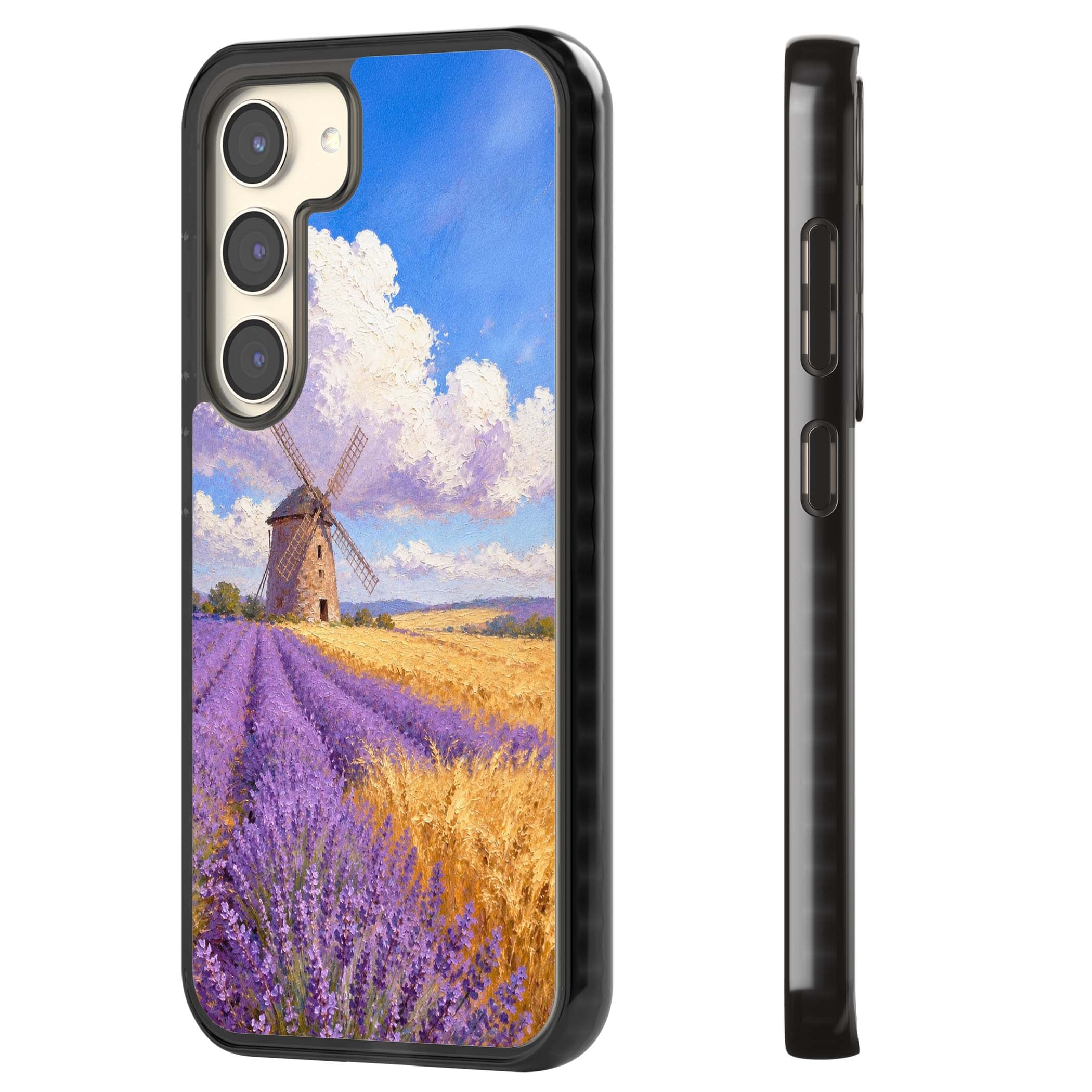 Lavender Mill cottagecore iPhone case featuring a French windmill, lavender field and golden wheat oil painting | Black Impact case for Samsung Galaxy S24, Samsung Galaxy S23, Samsung Galaxy S22