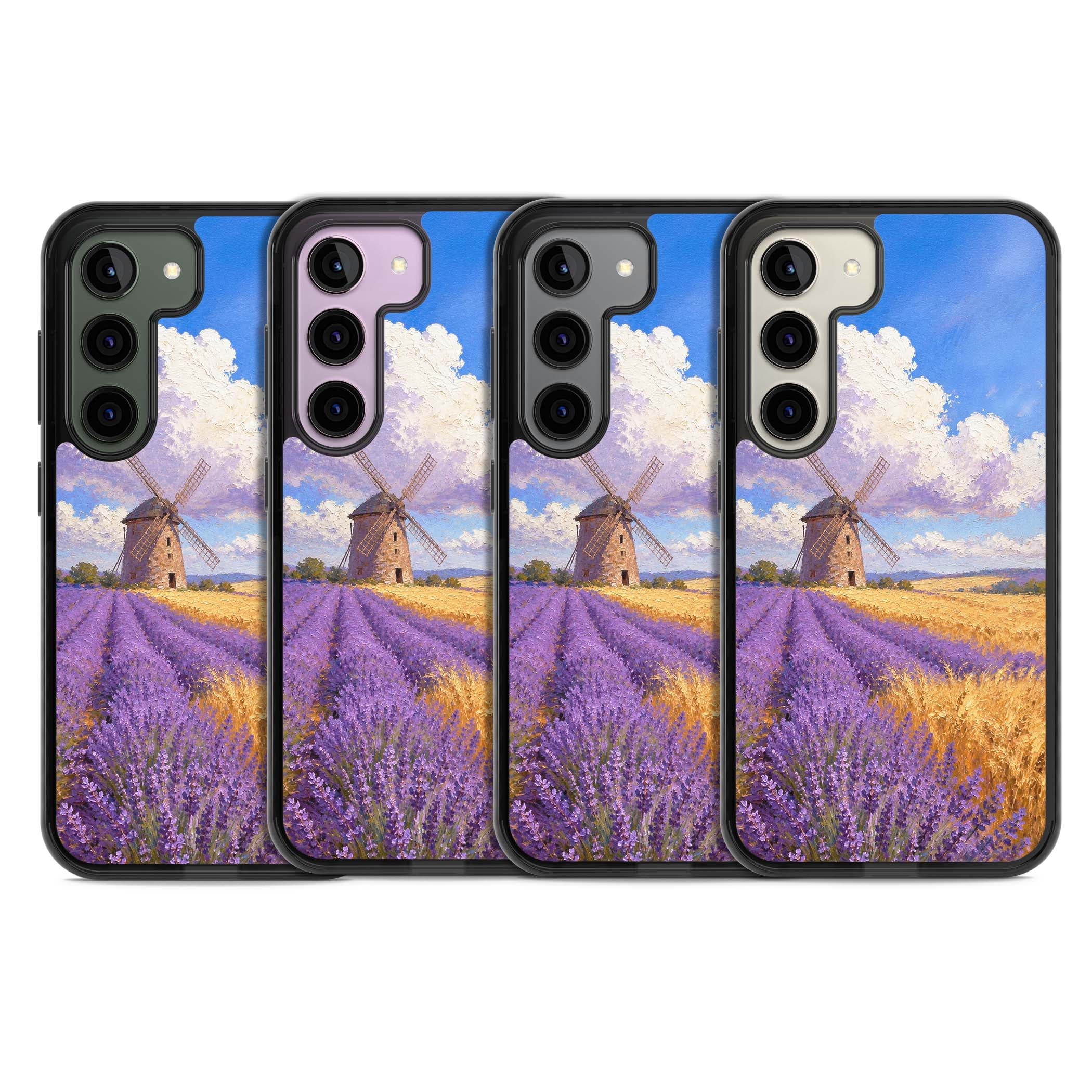 Lavender Mill cottagecore iPhone case featuring a French windmill, lavender field and golden wheat oil painting | Black Impact case for Samsung Galaxy S24, Samsung Galaxy S23, Samsung Galaxy S22
