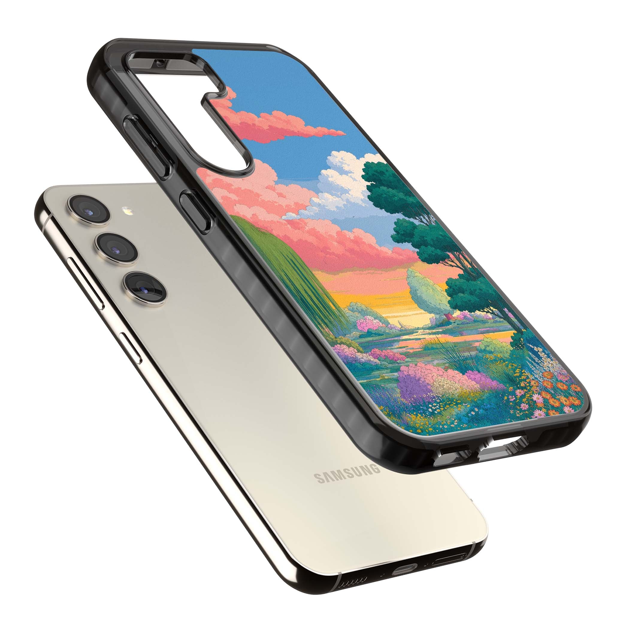 Dream Valley anime landscape iPhone case featuring pink sunset clouds, willow trees and wildflowers | Black Impact case for Samsung Galaxy S24, Samsung Galaxy S23, Samsung Galaxy S22