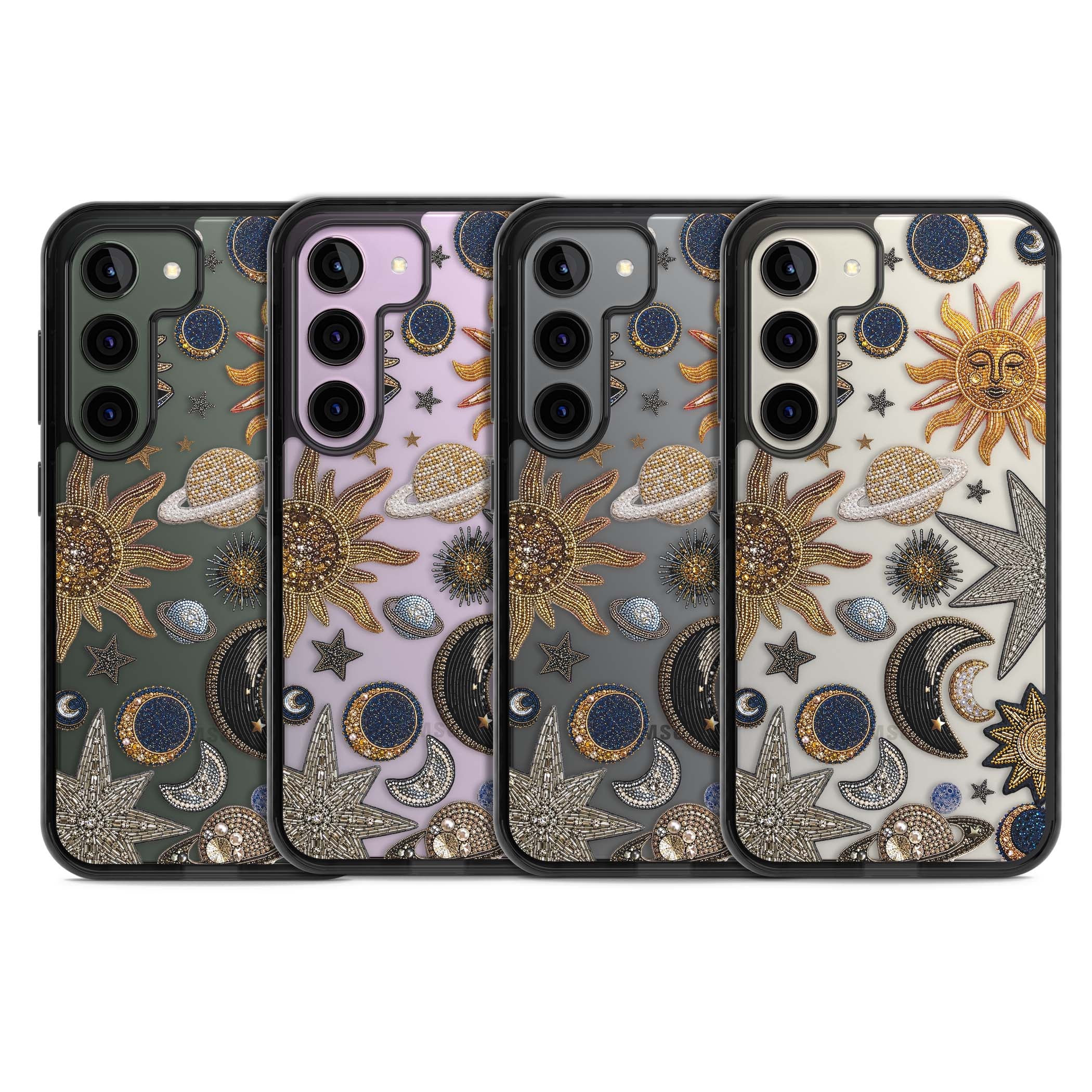 Beaded Cosmos celestial iPhone case featuring embroidered golden suns, beaded planets and silver shooting stars | Black Impact case for Samsung Galaxy S24, Samsung Galaxy S23, Samsung Galaxy S22
