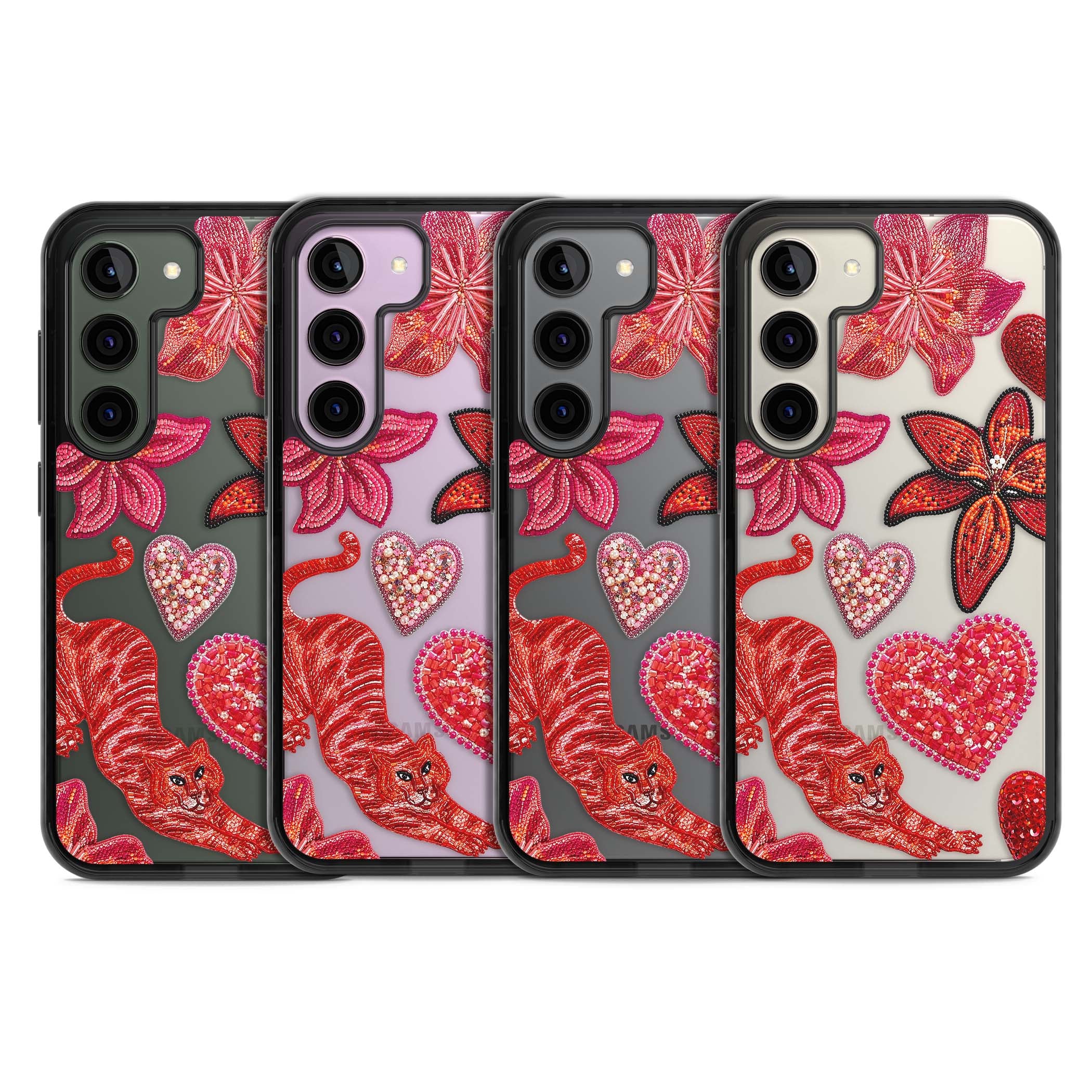 Beaded Boho floral iPhone case featuring beaded red lilies, a stitched tiger, and pearl-encrusted hearts on clear | Black Impact case for Samsung Galaxy S24, Samsung Galaxy S23, Samsung Galaxy S22