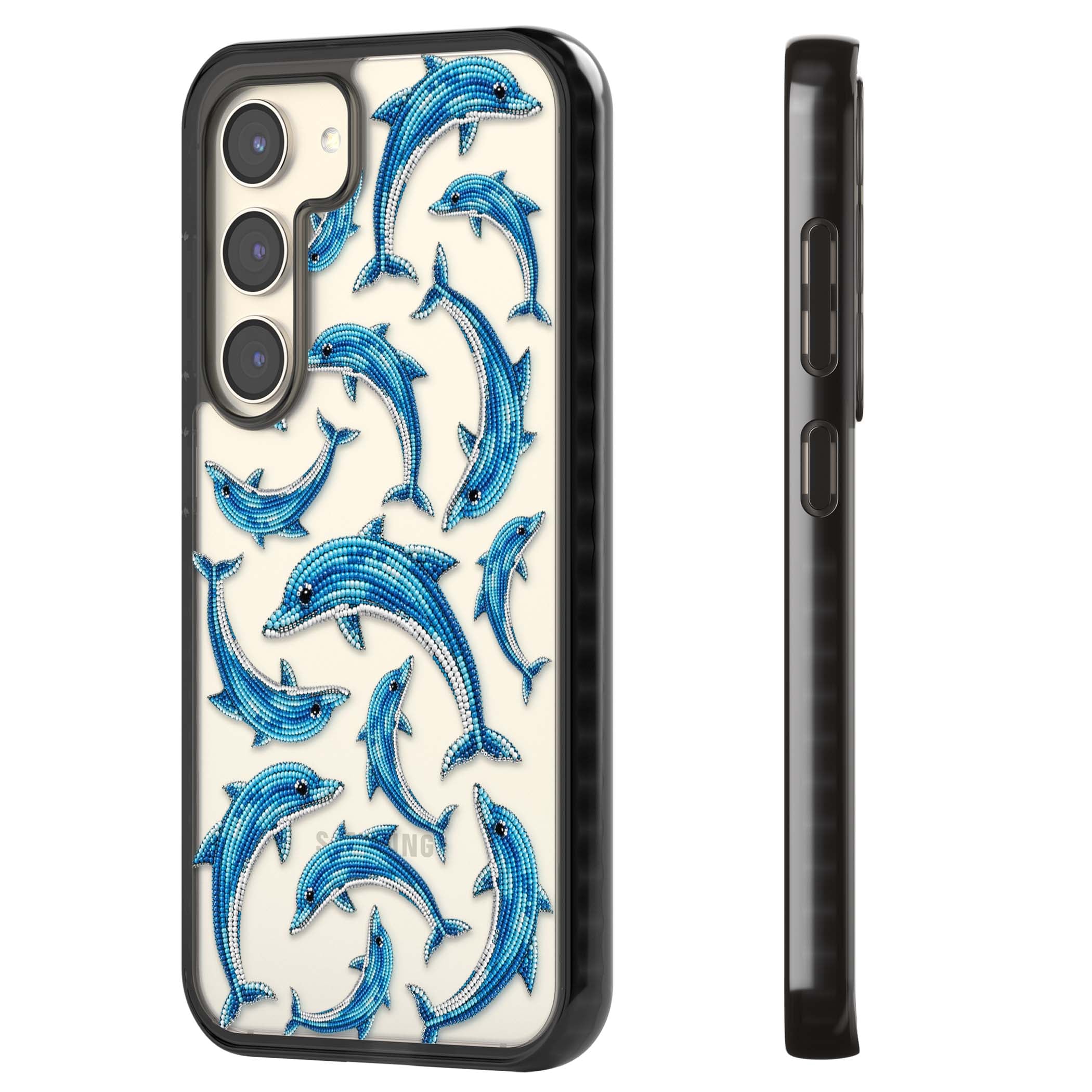 Beaded Dolphins coastal iPhone case featuring beaded dolphins in blue and white swimming across a clear background | Black Impact case for Samsung Galaxy S24, Samsung Galaxy S23, Samsung Galaxy S22