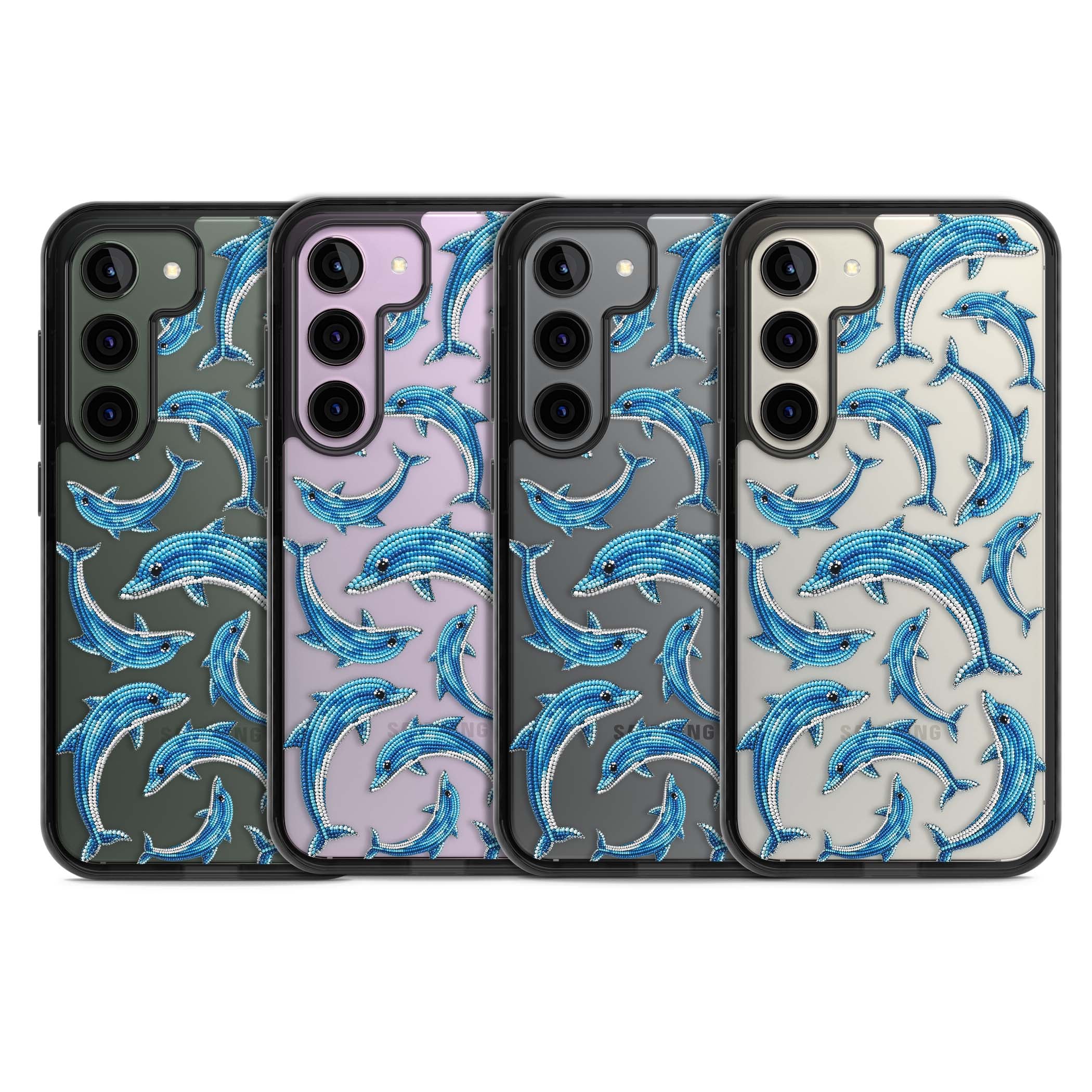 Beaded Dolphins coastal iPhone case featuring beaded dolphins in blue and white swimming across a clear background | Black Impact case for Samsung Galaxy S24, Samsung Galaxy S23, Samsung Galaxy S22