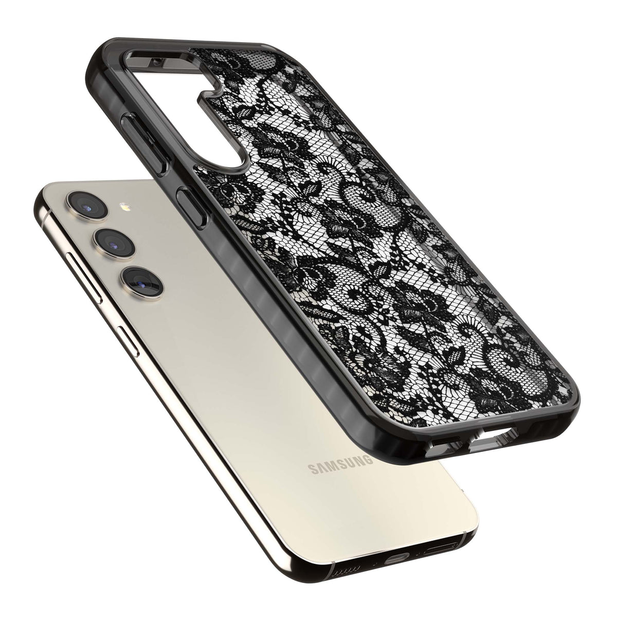Black Lace gothic iPhone case featuring intricate black floral lace pattern with vintage whimsigoth detail | Black Impact case for Samsung Galaxy S24, Samsung Galaxy S23, Samsung Galaxy S22