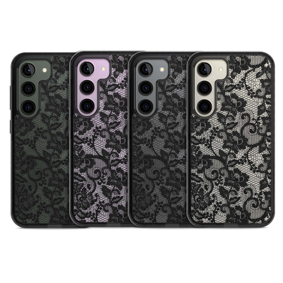 Black Lace gothic iPhone case featuring intricate black floral lace pattern with vintage whimsigoth detail | Black Impact case for Samsung Galaxy S24, Samsung Galaxy S23, Samsung Galaxy S22