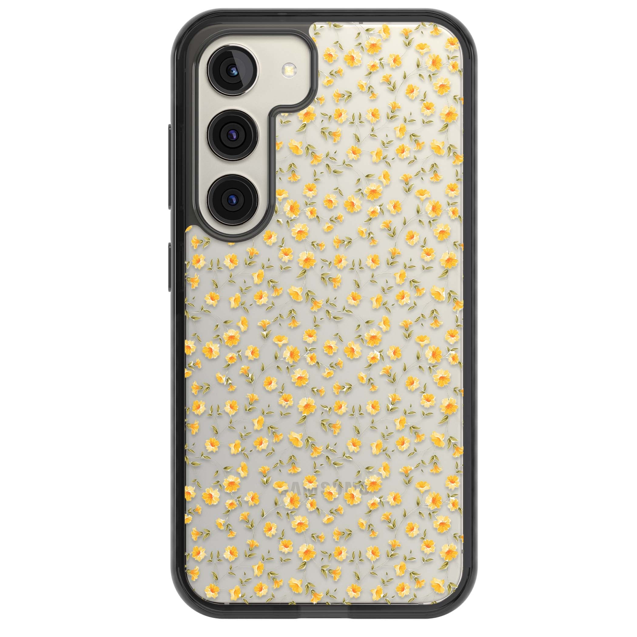 Buttercup wildflower iPhone case featuring tiny yellow flowers and trailing green vines on clear | Black Impact case for Samsung Galaxy S24, Samsung Galaxy S23, Samsung Galaxy S22