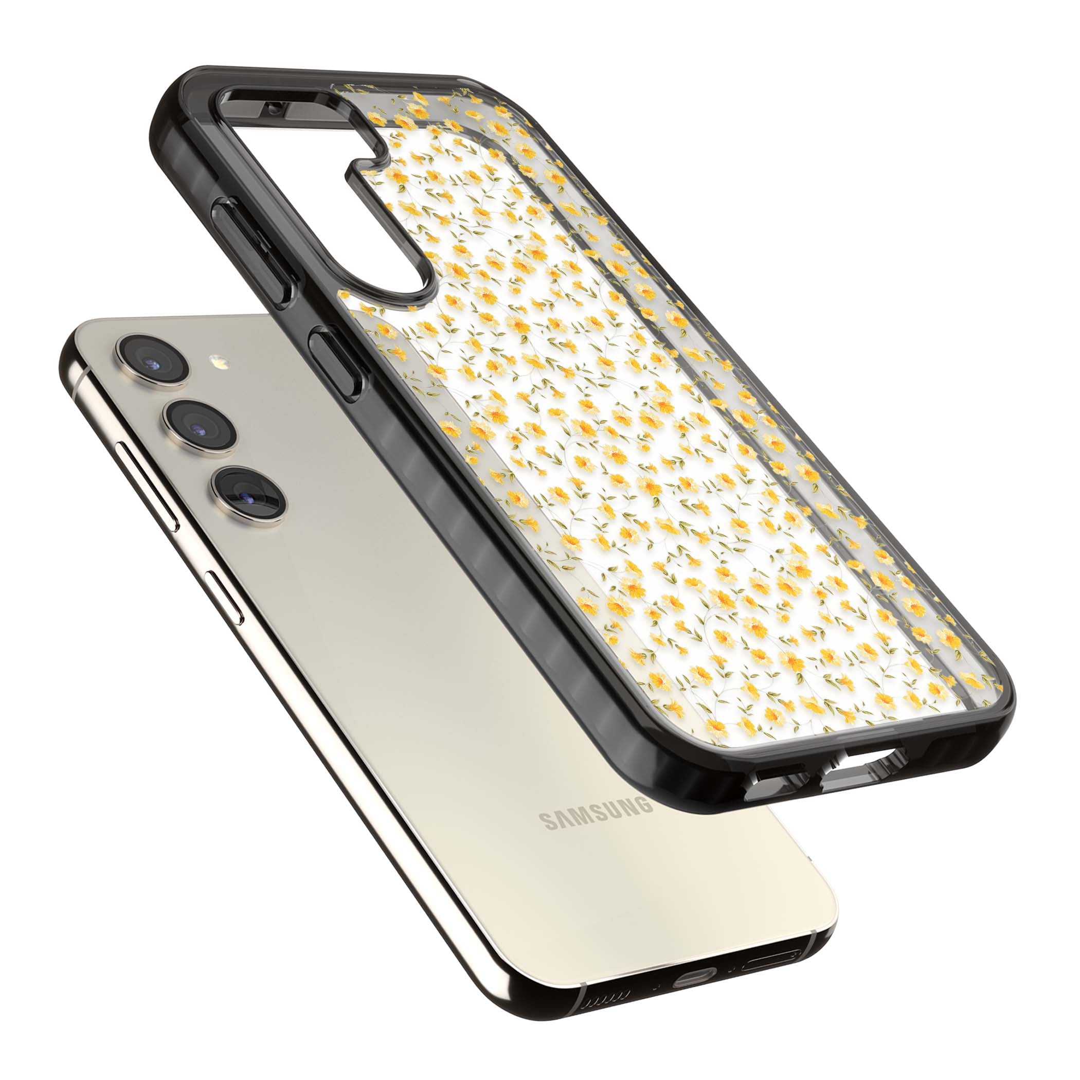 Buttercup wildflower iPhone case featuring tiny yellow flowers and trailing green vines on clear | Black Impact case for Samsung Galaxy S24, Samsung Galaxy S23, Samsung Galaxy S22