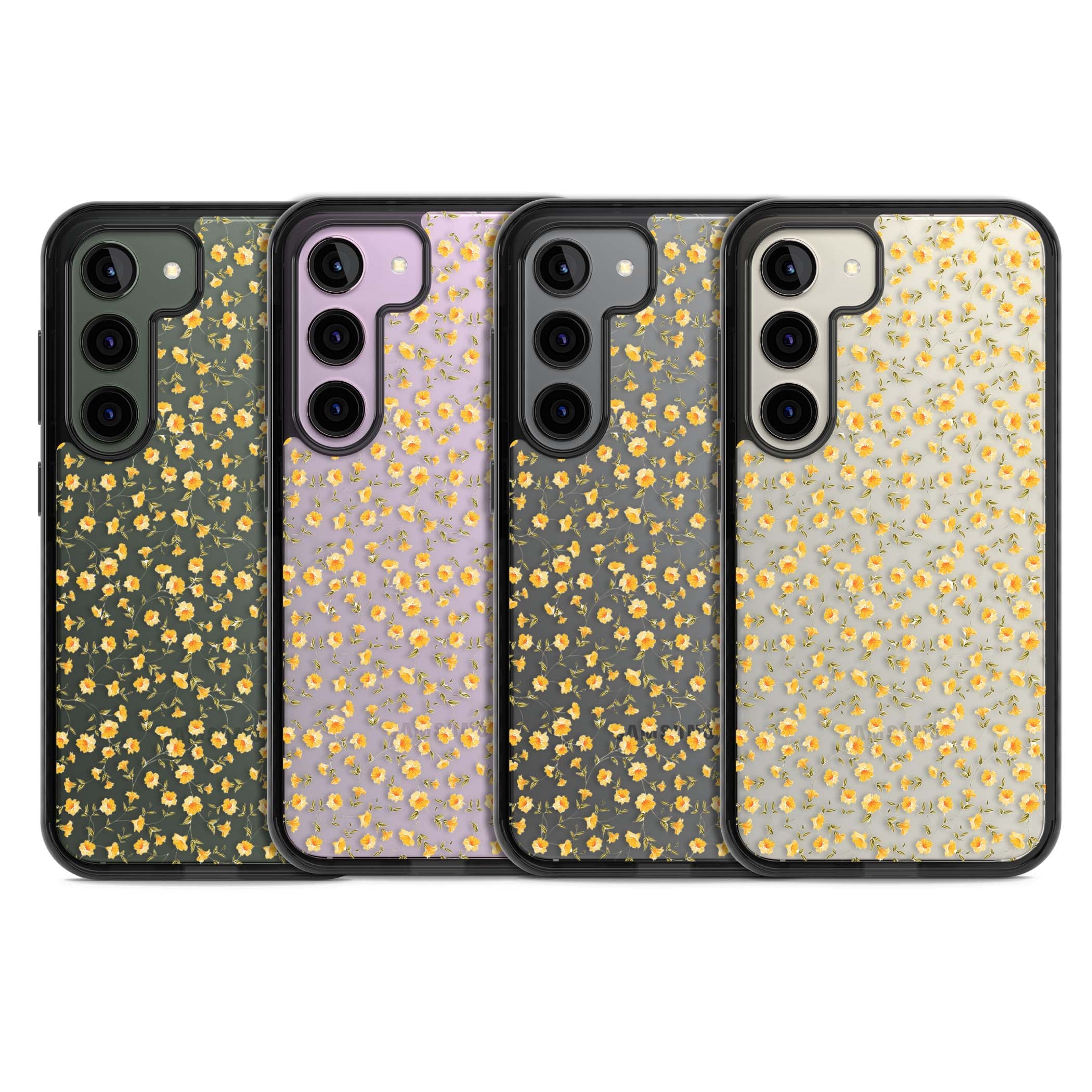 Buttercup wildflower iPhone case featuring tiny yellow flowers and trailing green vines on clear | Black Impact case for Samsung Galaxy S24, Samsung Galaxy S23, Samsung Galaxy S22