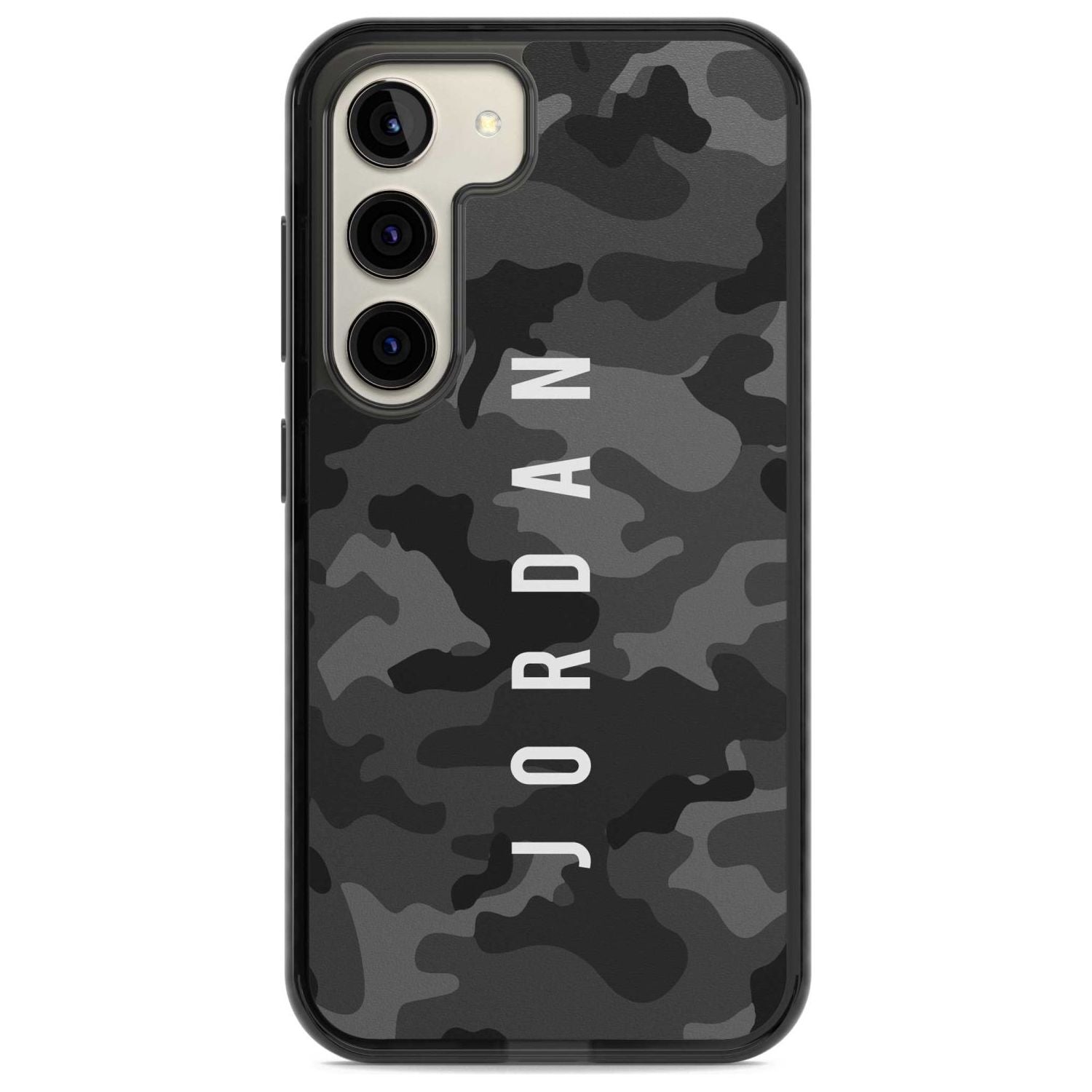 Personalised Small Vertical Name Black Camouflage Custom Phone Case Samsung S22 / Black Impact Case,Samsung S23 / Black Impact Case Blanc Space