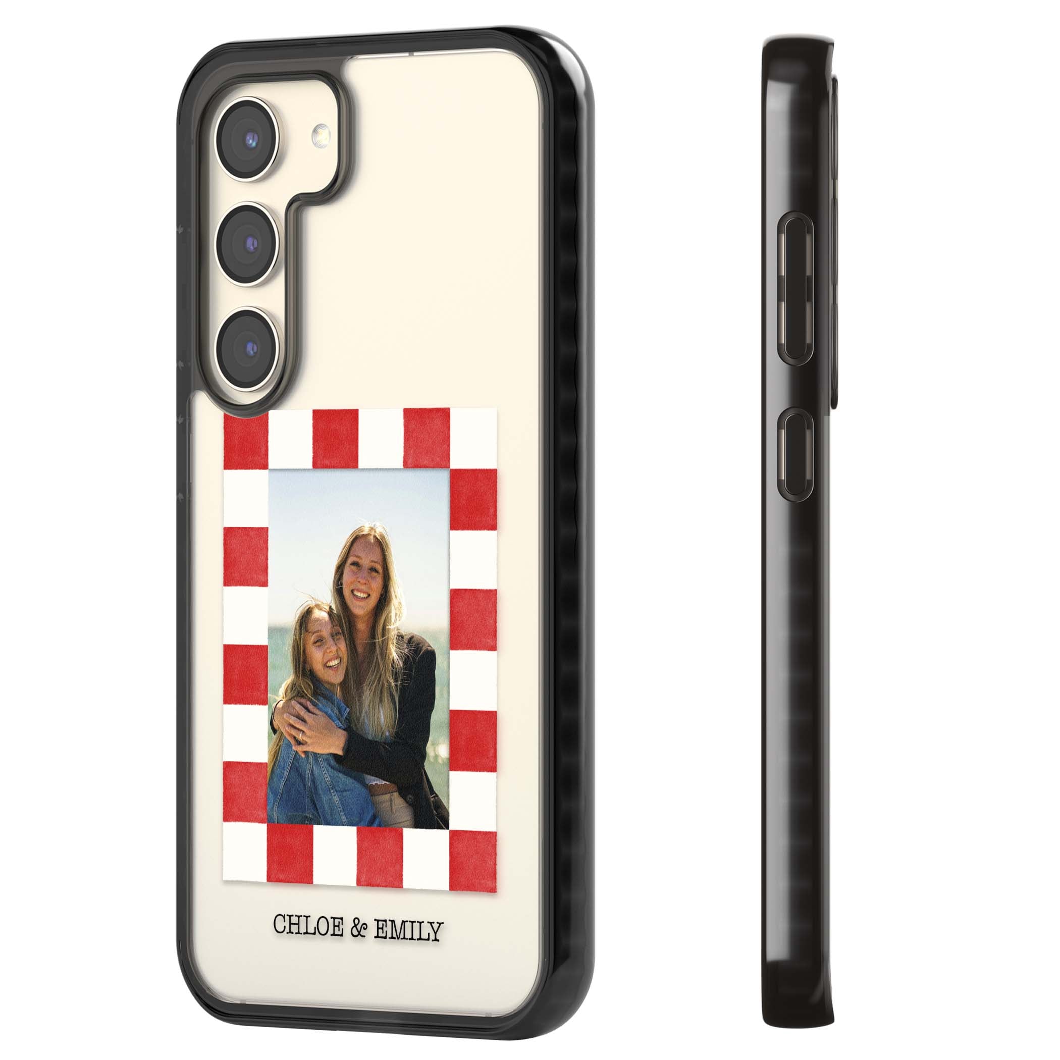 Red Check Photo personalised photo iPhone case with red and white checkered polaroid frame and custom couple name | Black Impact case for Samsung Galaxy S24, Samsung Galaxy S23, Samsung Galaxy S22