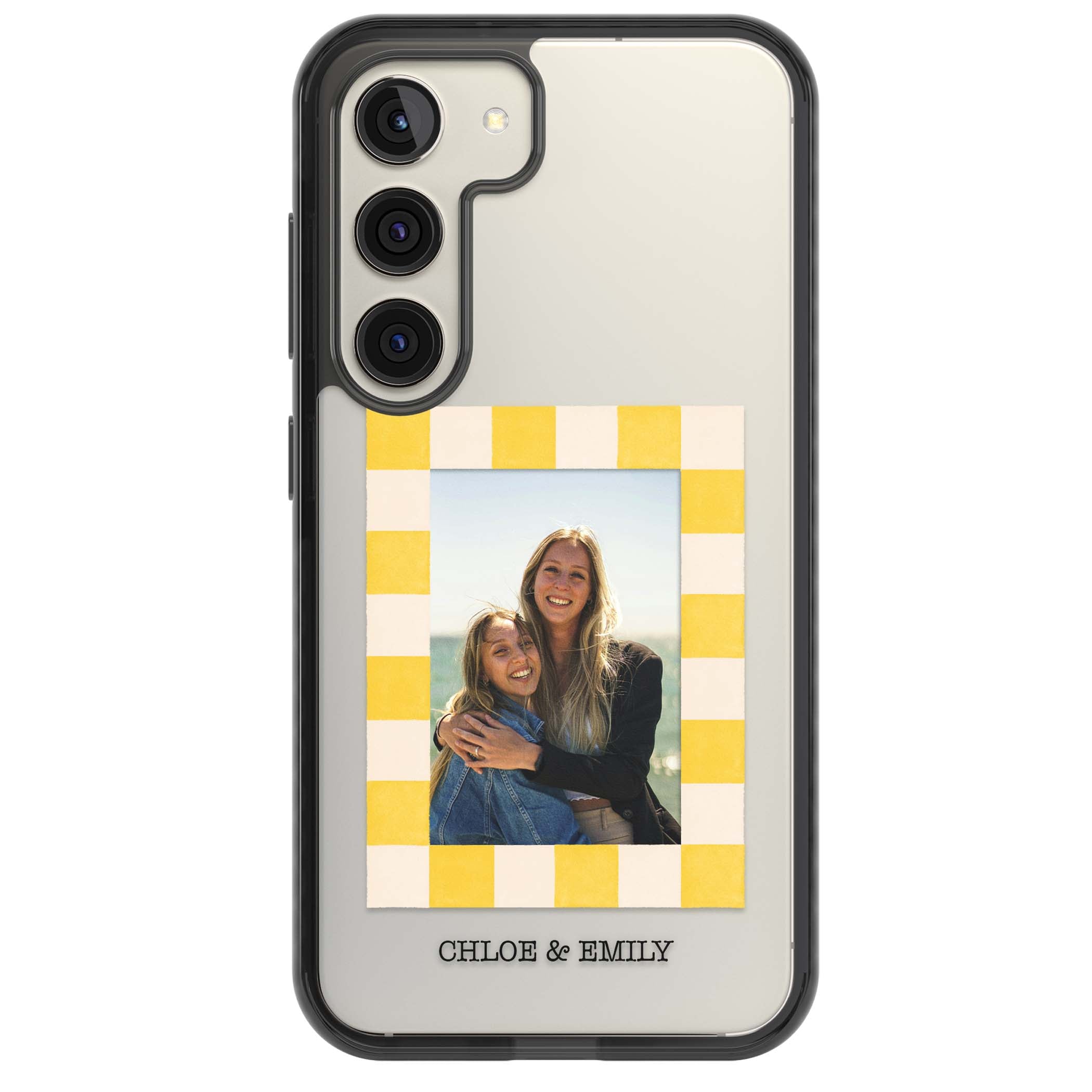 Yellow Check Photo personalised iPhone case with yellow checkered Polaroid frame and custom names beneath | Black Impact case for Samsung Galaxy S24, Samsung Galaxy S23, Samsung Galaxy S22