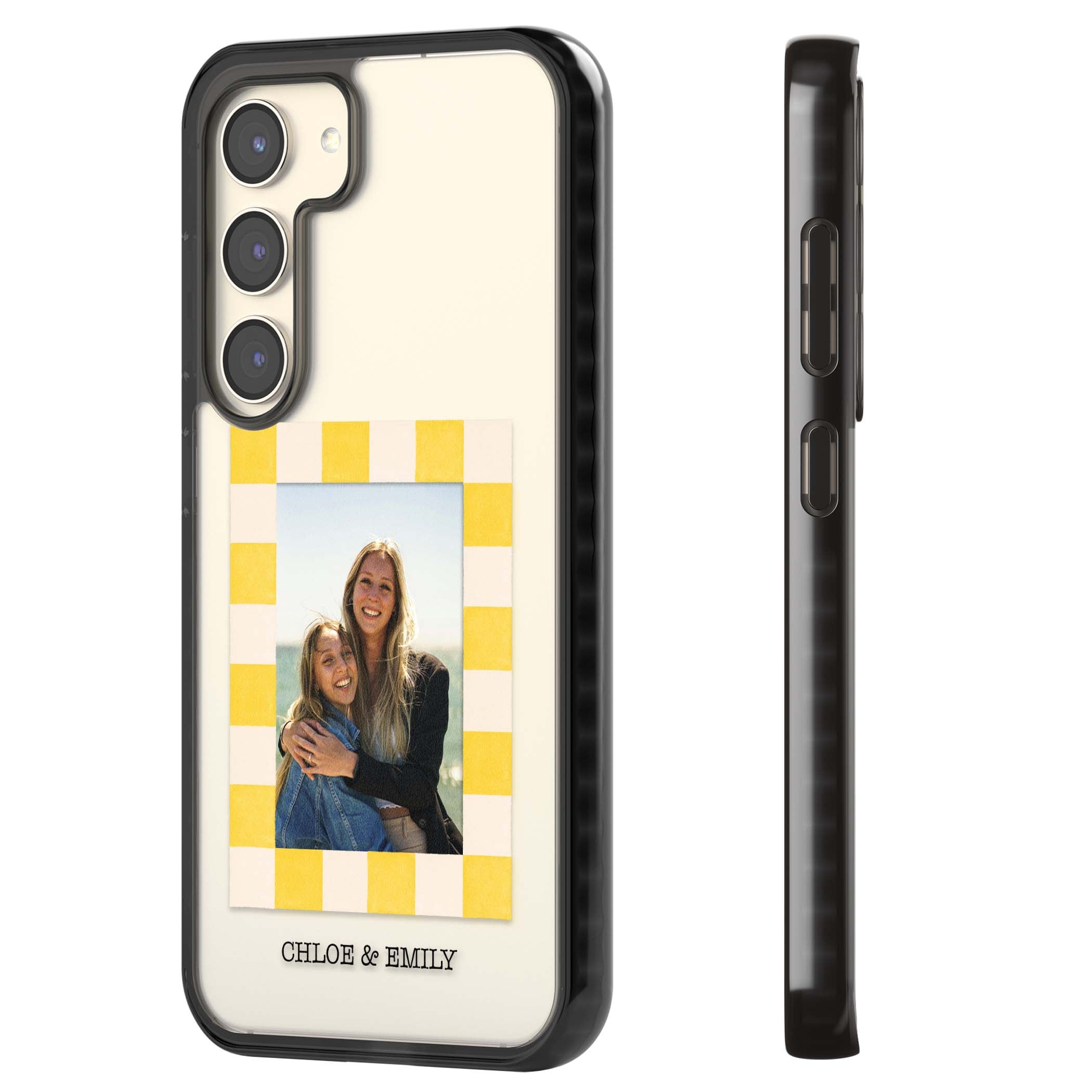 Yellow Check Photo personalised iPhone case with yellow checkered Polaroid frame and custom names beneath | Black Impact case for Samsung Galaxy S24, Samsung Galaxy S23, Samsung Galaxy S22