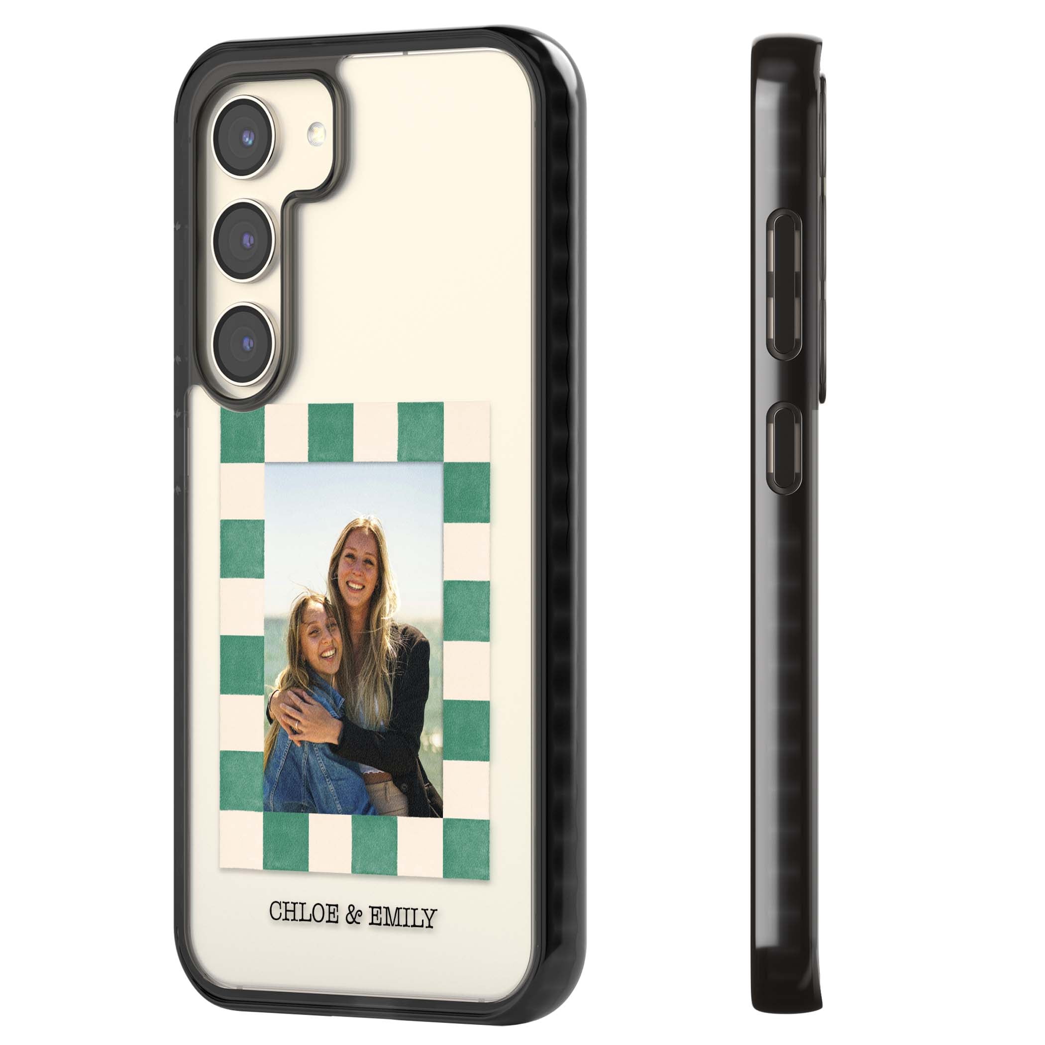 Seafoam Check Photo personalised iPhone case featuring a custom polaroid photo, green and cream checkered frame, and custom n | Black Impact case for Samsung Galaxy S24, Samsung Galaxy S23, Samsung Galaxy S22