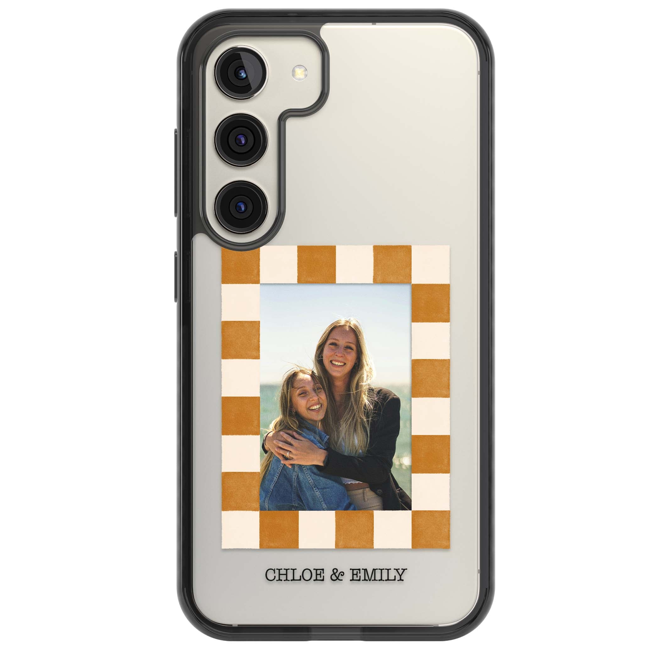 Citrus Check Photo personalised iPhone case with custom photo, orange checkered frame and names underneath | Black Impact case for Samsung Galaxy S24, Samsung Galaxy S23, Samsung Galaxy S22