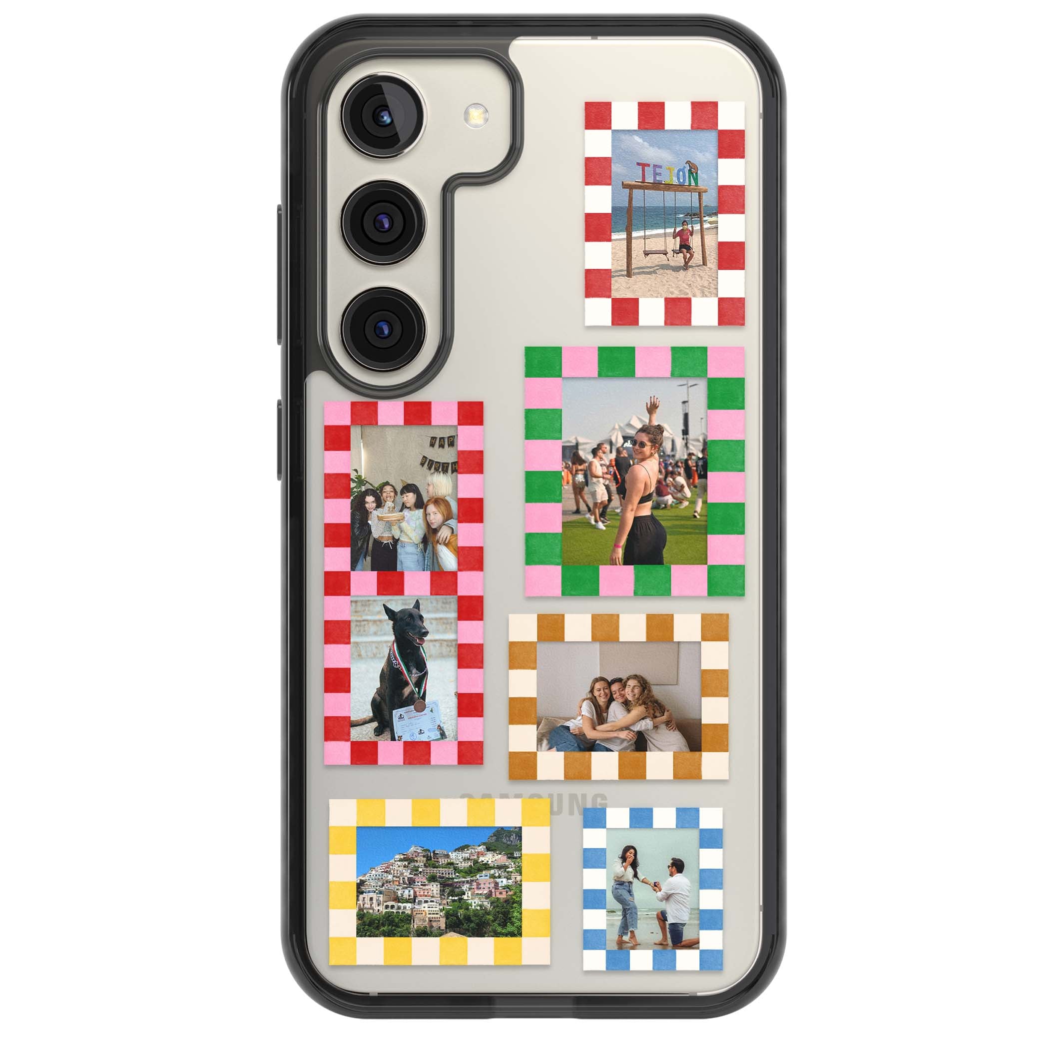 Italian Check Frames custom photo collage iPhone case featuring six checkered photo frames in red, green, pink and  | Black Impact case for Samsung Galaxy S24, Samsung Galaxy S23, Samsung Galaxy S22