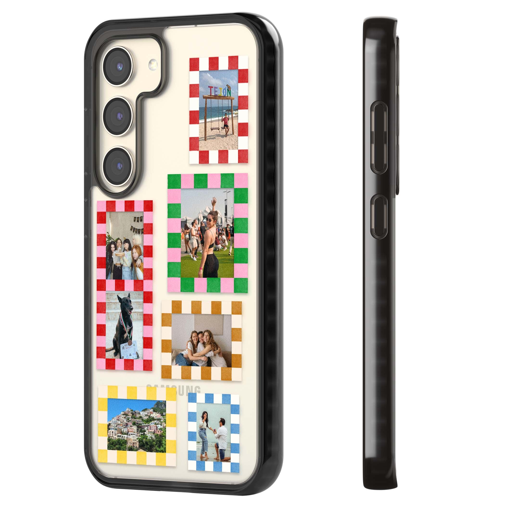 Italian Check Frames custom photo collage iPhone case featuring six checkered photo frames in red, green, pink and  | Black Impact case for Samsung Galaxy S24, Samsung Galaxy S23, Samsung Galaxy S22