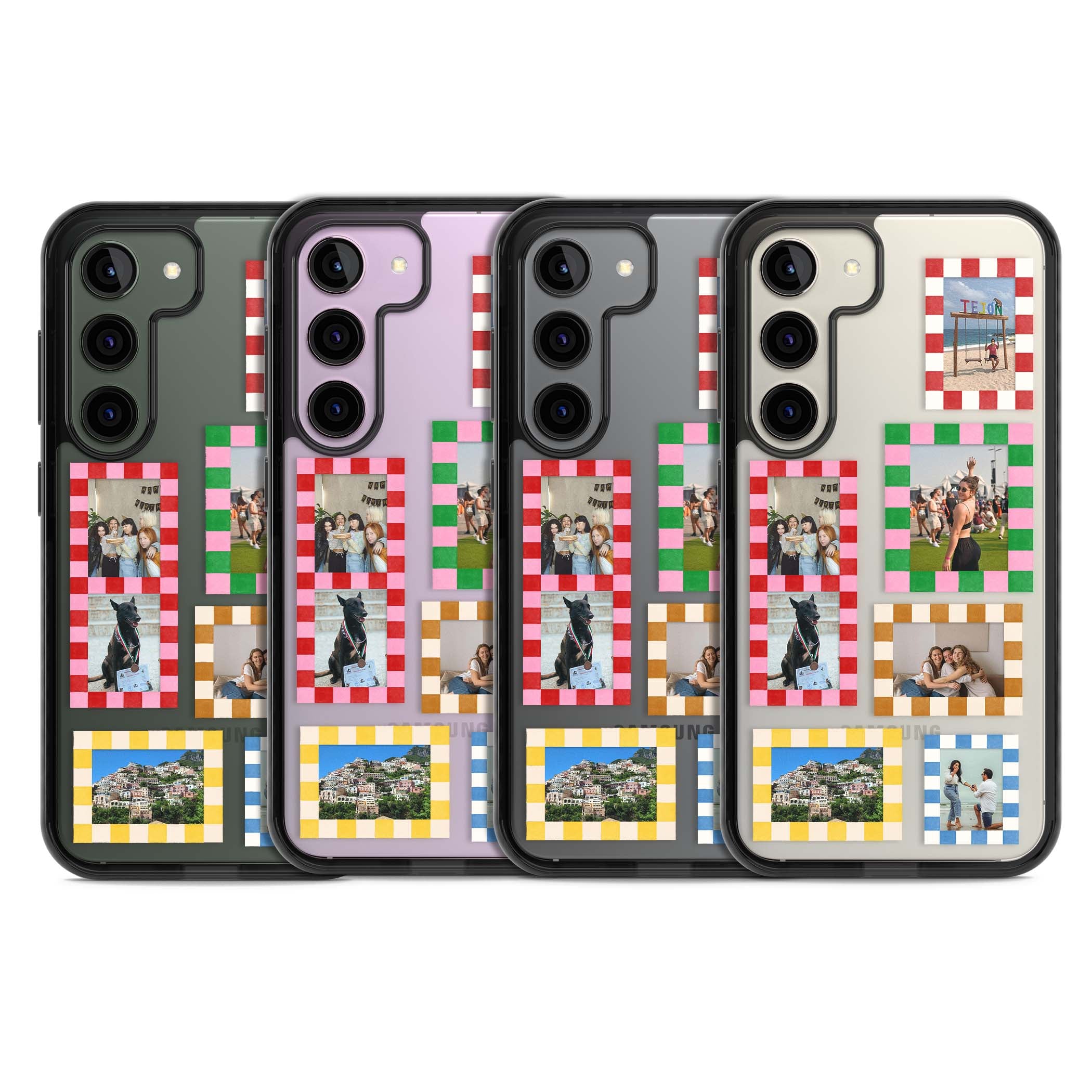 Italian Check Frames custom photo collage iPhone case featuring six checkered photo frames in red, green, pink and  | Black Impact case for Samsung Galaxy S24, Samsung Galaxy S23, Samsung Galaxy S22