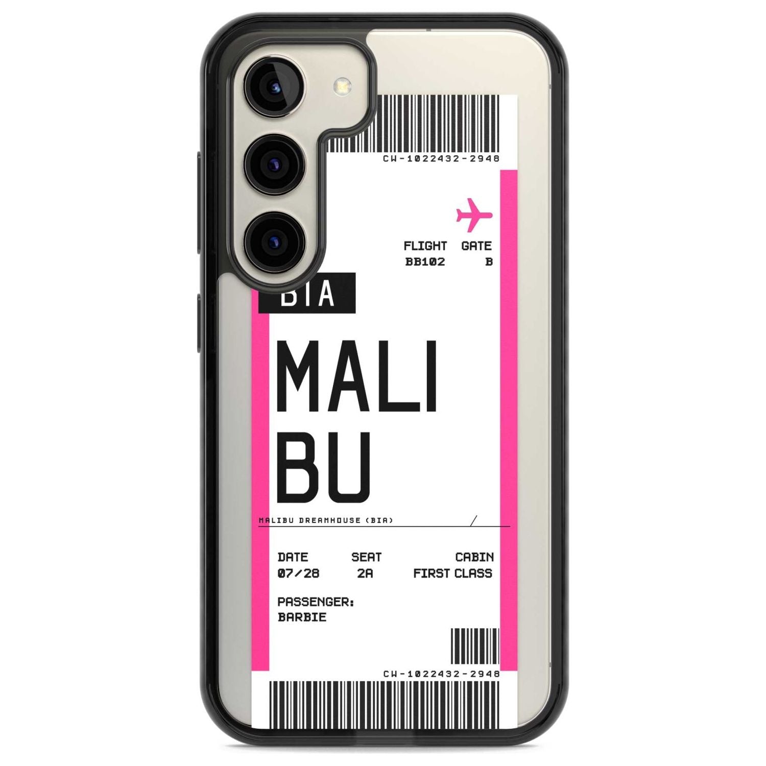 Personalised Pink Malibu Boarding Pass Custom Phone Case Samsung S22 / Black Impact Case,Samsung S23 / Black Impact Case Blanc Space