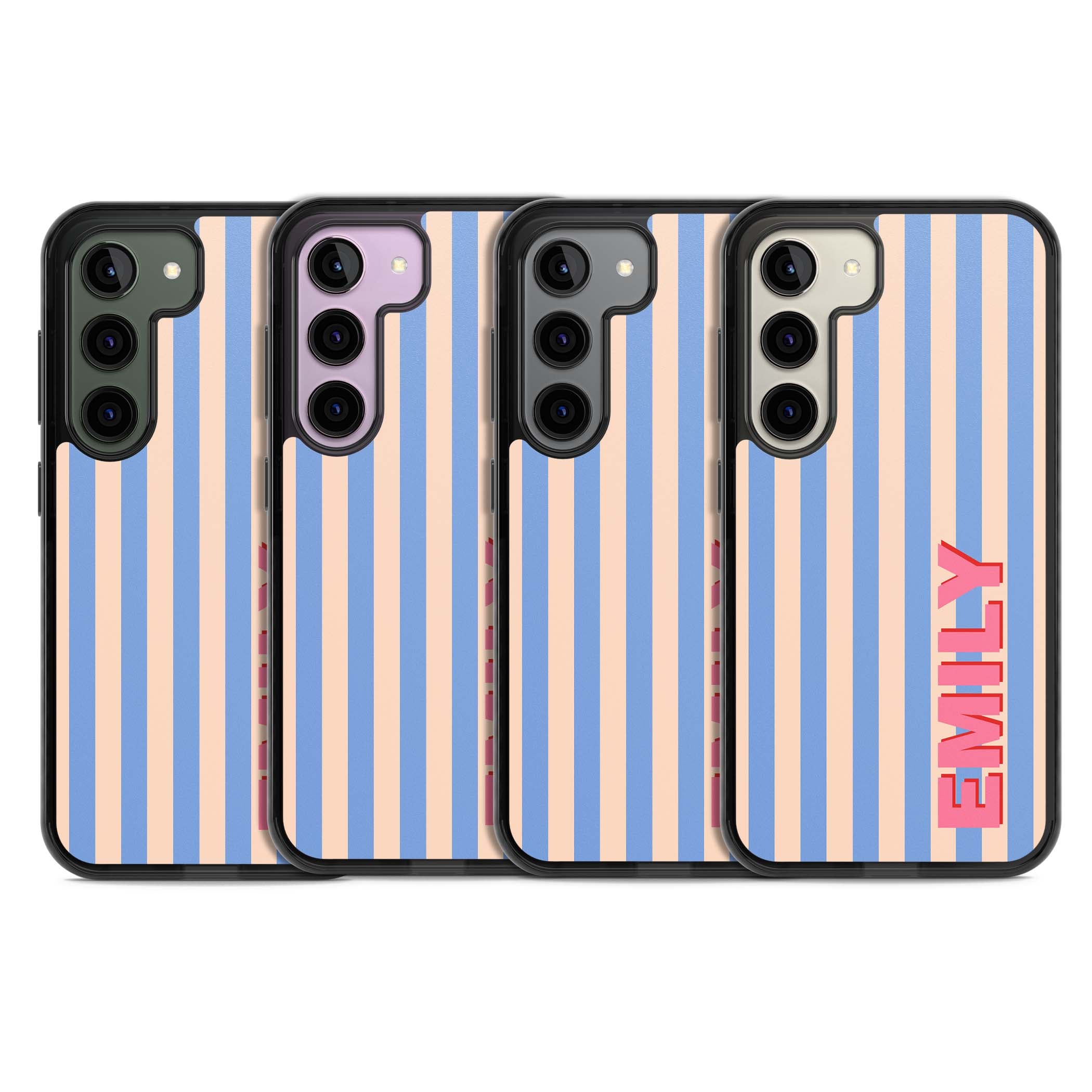 Coastal Stripe personalised coastal iPhone case with blue and peach vertical stripes and custom pink name | Black Impact case for Samsung Galaxy S24, Samsung Galaxy S23, Samsung Galaxy S22