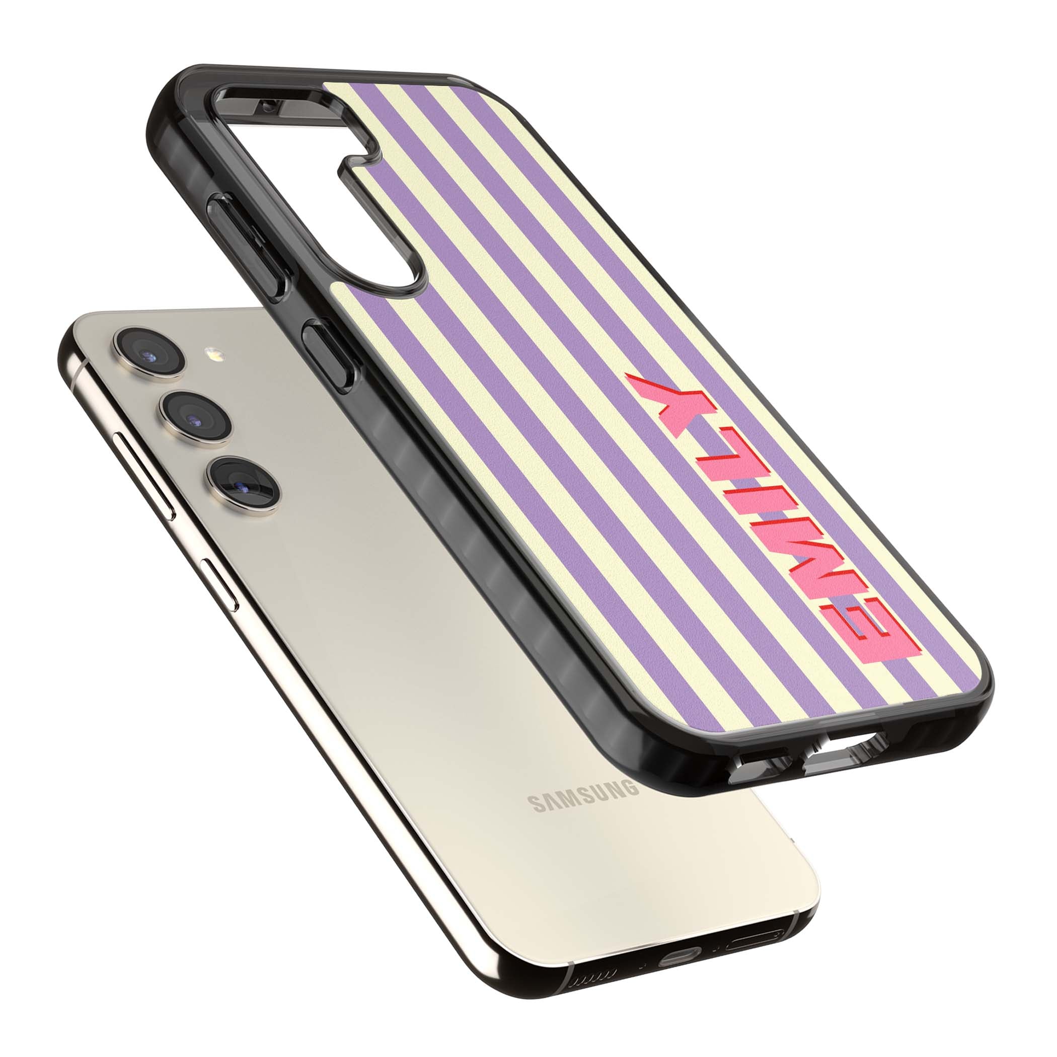 Valensole Stripe personalised iPhone case with purple and cream vertical stripes and pink custom name | Black Impact case for Samsung Galaxy S24, Samsung Galaxy S23, Samsung Galaxy S22