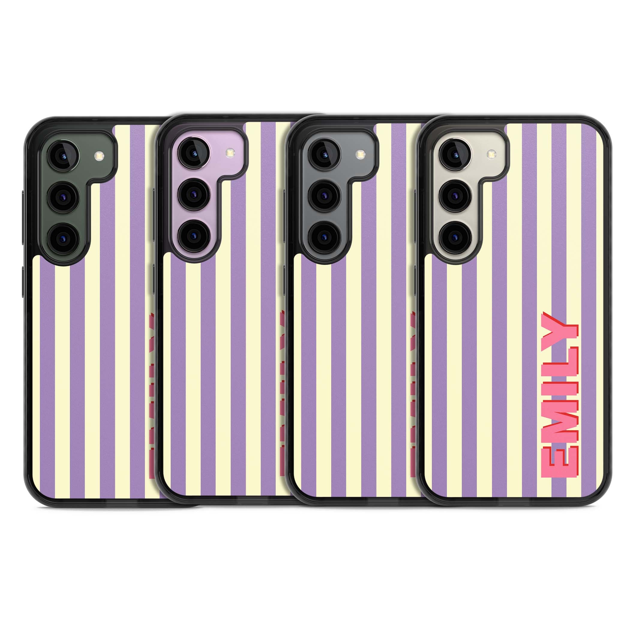 Valensole Stripe personalised iPhone case with purple and cream vertical stripes and pink custom name | Black Impact case for Samsung Galaxy S24, Samsung Galaxy S23, Samsung Galaxy S22