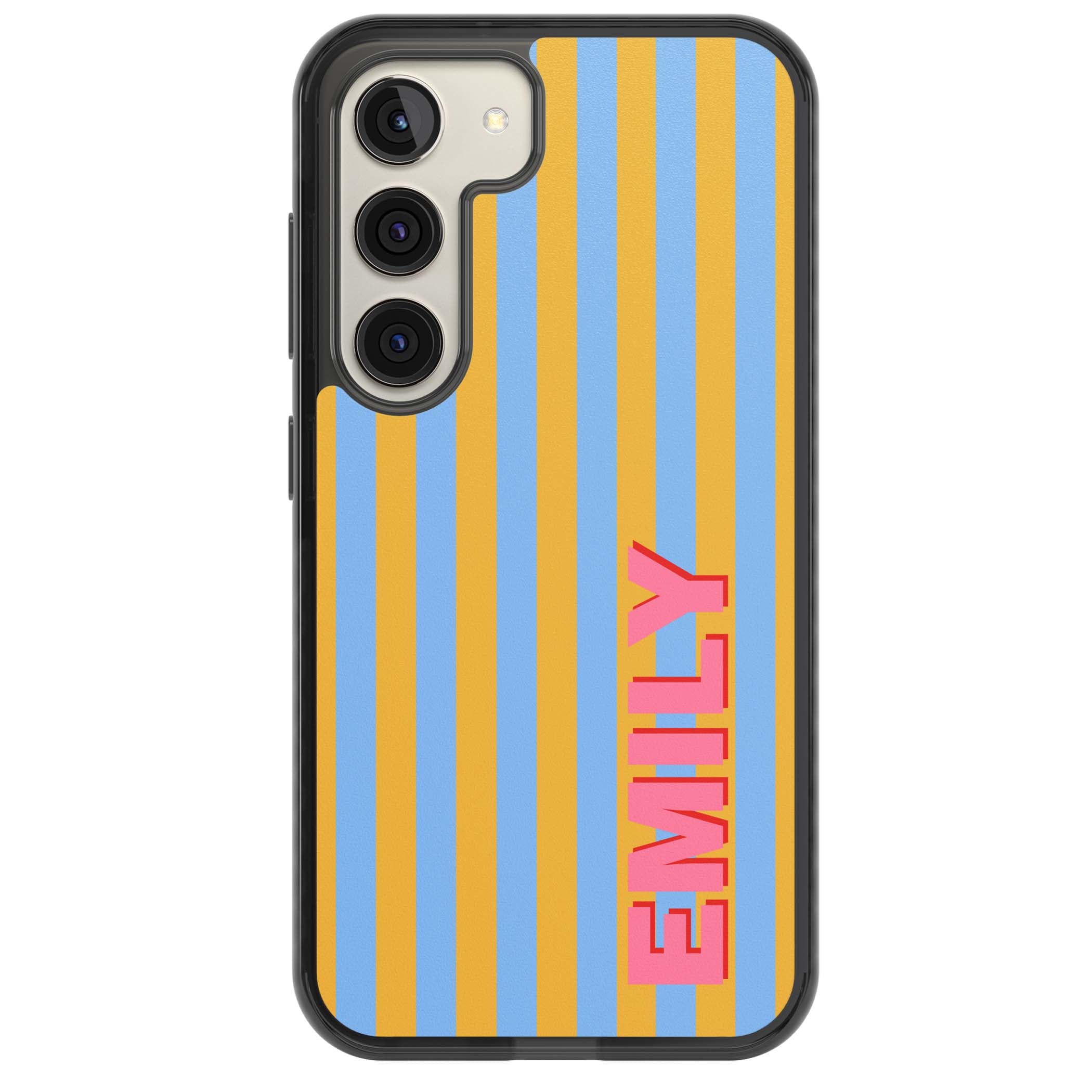 Carribean Stripe personalised coastal iPhone case with yellow and blue vertical stripes and a custom pink name | Black Impact case for Samsung Galaxy S24, Samsung Galaxy S23, Samsung Galaxy S22