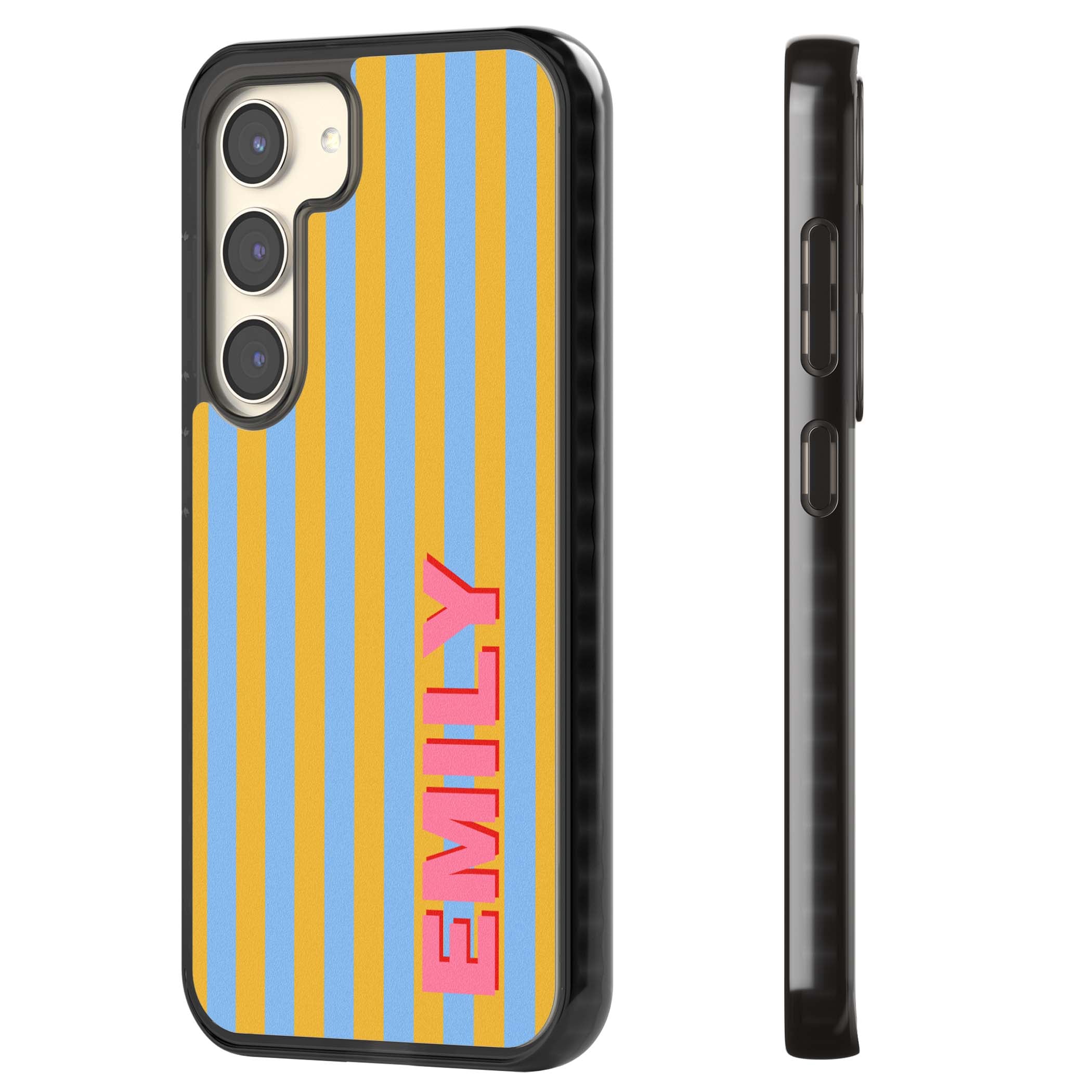 Carribean Stripe personalised coastal iPhone case with yellow and blue vertical stripes and a custom pink name | Black Impact case for Samsung Galaxy S24, Samsung Galaxy S23, Samsung Galaxy S22