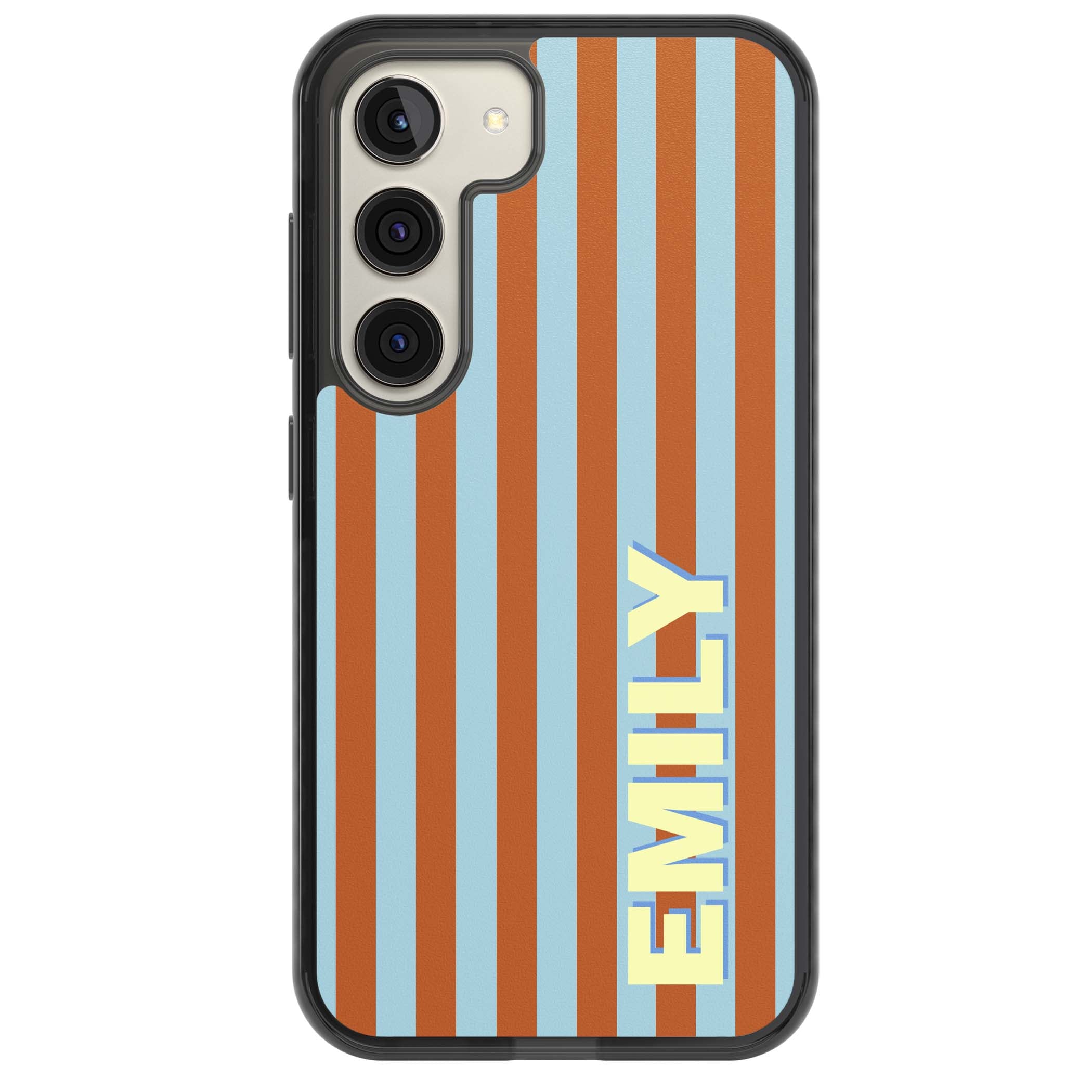 Cappadocia Stripe personalised coastal iPhone case featuring blue and orange vertical stripes with custom cream name | Black Impact case for Samsung Galaxy S24, Samsung Galaxy S23, Samsung Galaxy S22