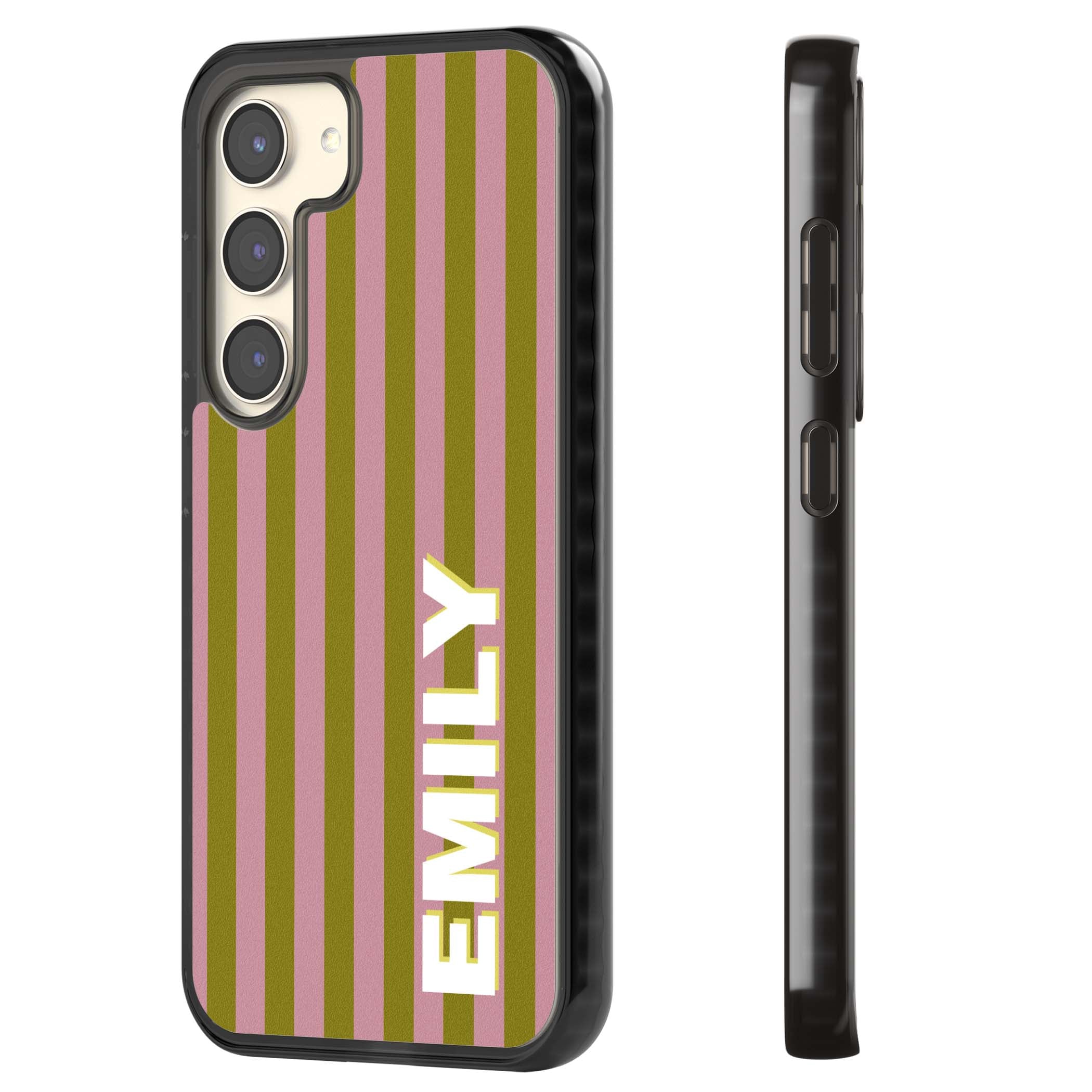 Istanbul Stripe personalised iPhone case featuring pink and olive green vertical stripes with a custom vertical name | Black Impact case for Samsung Galaxy S24, Samsung Galaxy S23, Samsung Galaxy S22