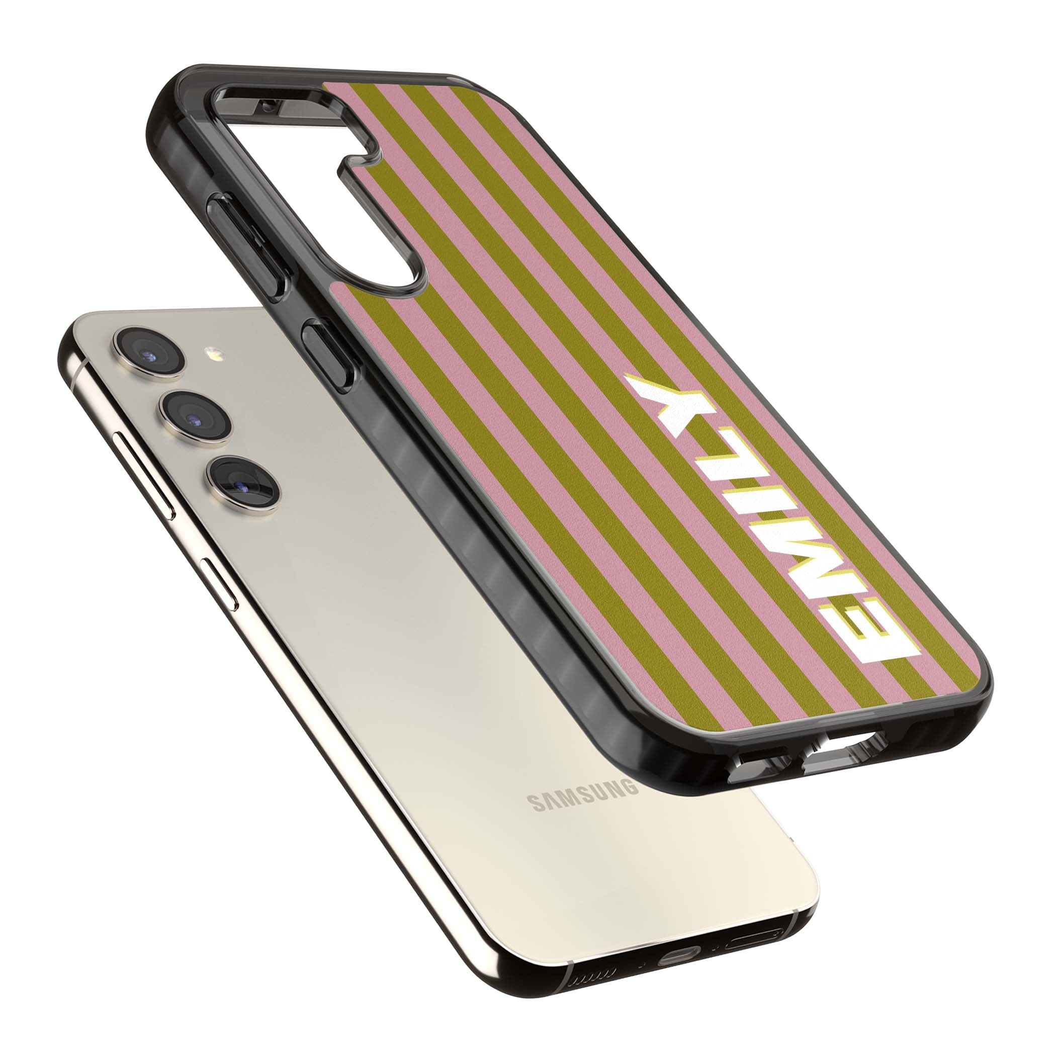 Istanbul Stripe personalised iPhone case featuring pink and olive green vertical stripes with a custom vertical name | Black Impact case for Samsung Galaxy S24, Samsung Galaxy S23, Samsung Galaxy S22
