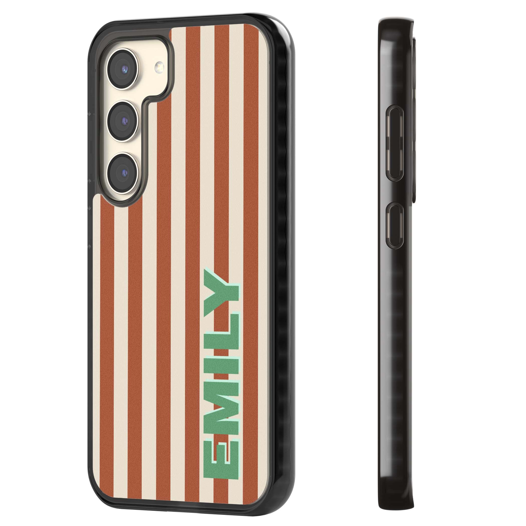 Dune Stripe personalised iPhone case with rust and cream vertical stripes and custom name in mint green | Black Impact case for Samsung Galaxy S24, Samsung Galaxy S23, Samsung Galaxy S22