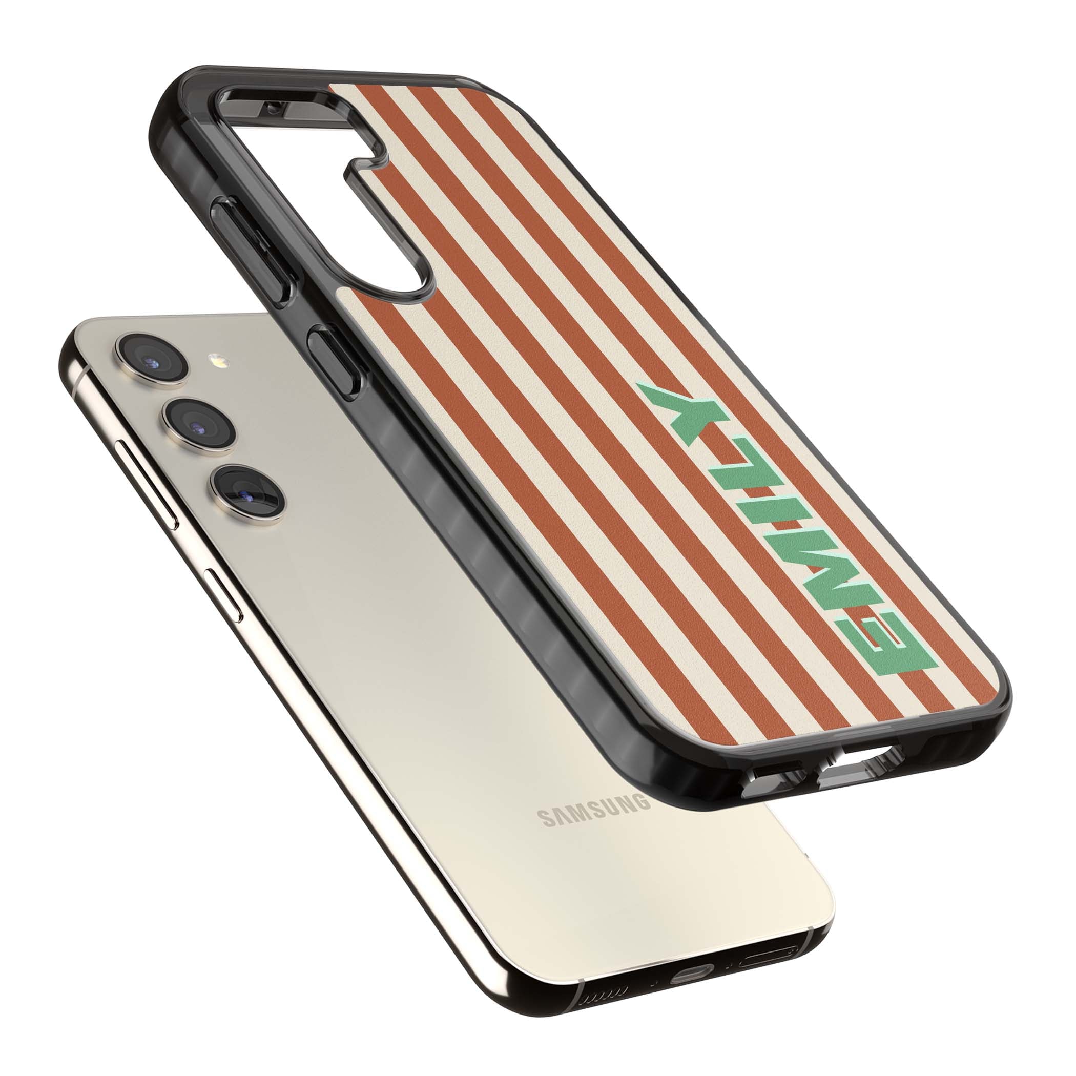 Dune Stripe personalised iPhone case with rust and cream vertical stripes and custom name in mint green | Black Impact case for Samsung Galaxy S24, Samsung Galaxy S23, Samsung Galaxy S22