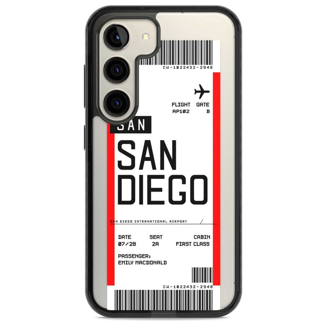 Personalised San Diego Boarding Pass Custom Phone Case Samsung S22 / Black Impact Case,Samsung S23 / Black Impact Case Blanc Space