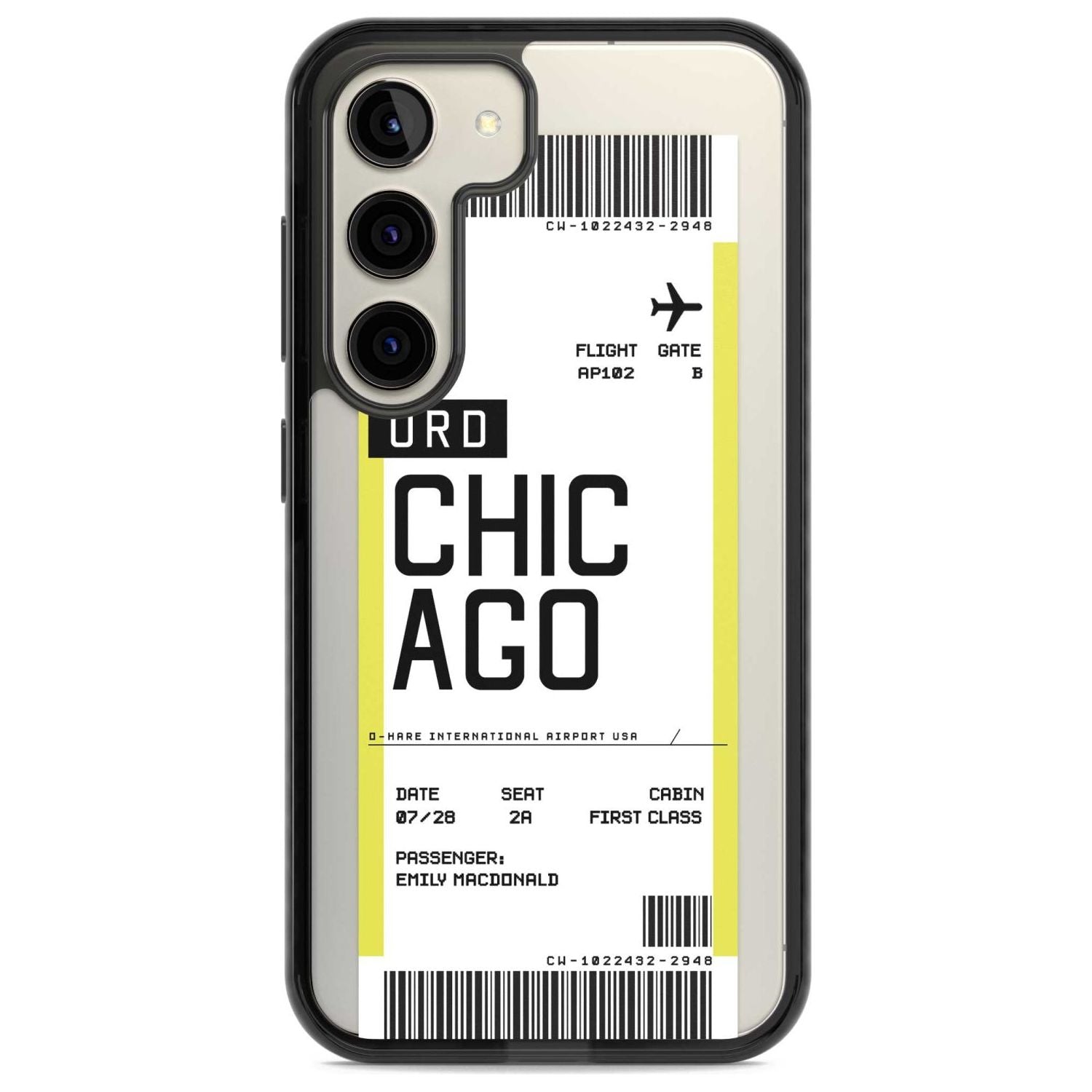Personalised Chicago Boarding Pass Custom Phone Case Samsung S22 / Black Impact Case,Samsung S23 / Black Impact Case Blanc Space