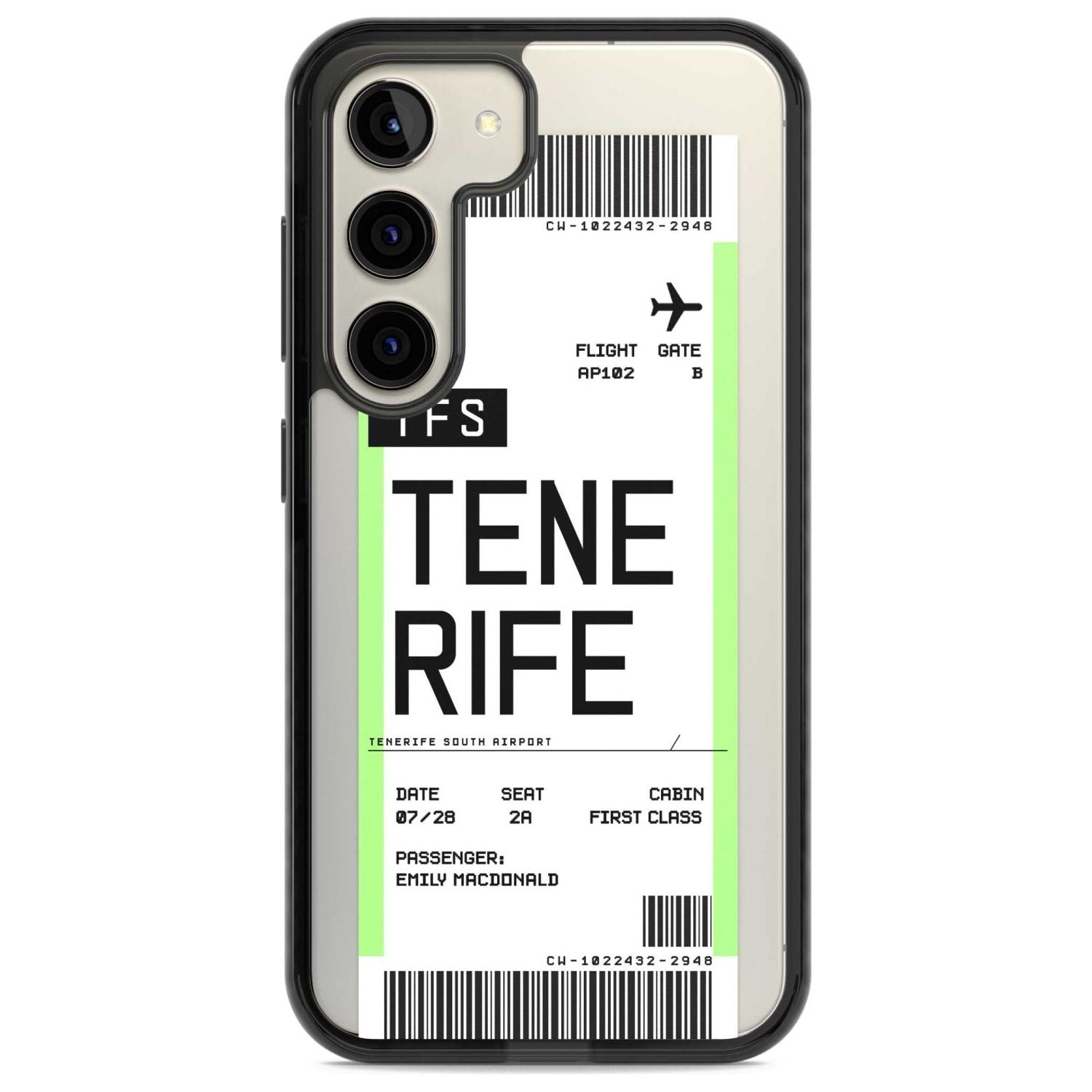Personalised Tenerife Boarding Pass Custom Phone Case Samsung S22 / Black Impact Case,Samsung S23 / Black Impact Case Blanc Space