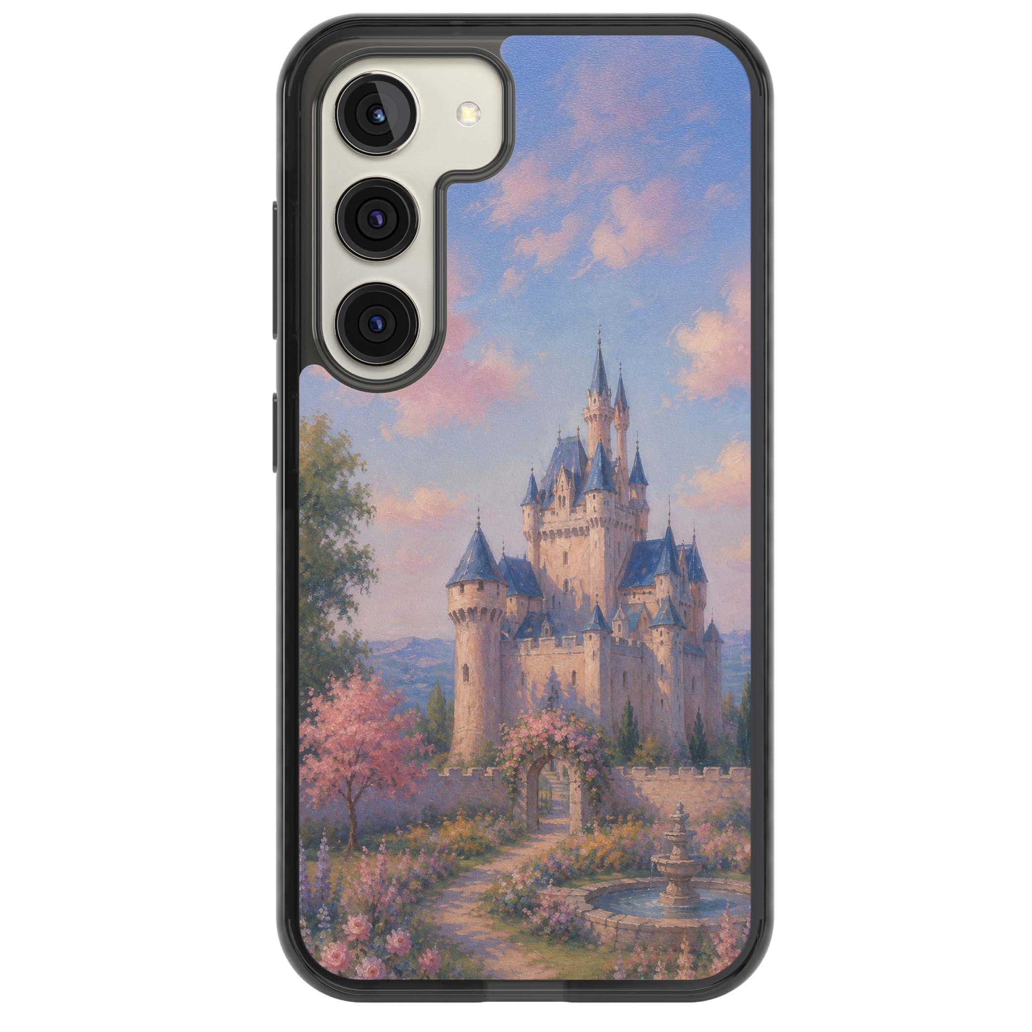 Enchanted Kingdom fairytale iPhone case featuring a romantic castle painting with cherry blossoms and pastel pink sky | Black Impact case for Samsung Galaxy S24, Samsung Galaxy S23, Samsung Galaxy S22
