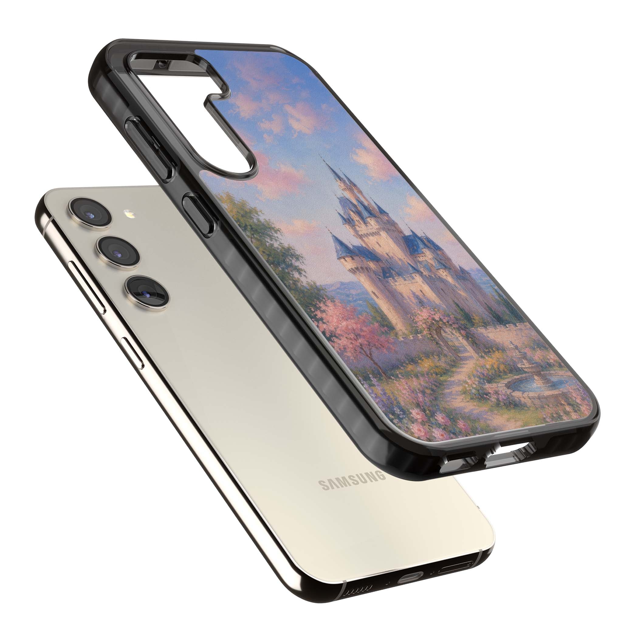 Enchanted Kingdom fairytale iPhone case featuring a romantic castle painting with cherry blossoms and pastel pink sky | Black Impact case for Samsung Galaxy S24, Samsung Galaxy S23, Samsung Galaxy S22