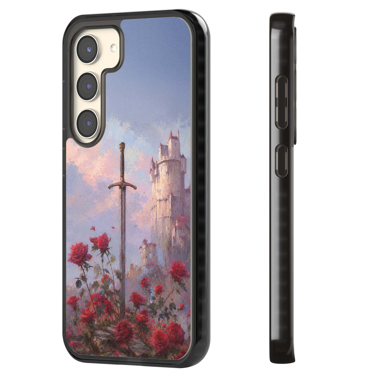 Sword in Roses medieval art iPhone case featuring a sword, red roses, and a misty fairytale castle at sunset | Black Impact case for Samsung Galaxy S24, Samsung Galaxy S23, Samsung Galaxy S22