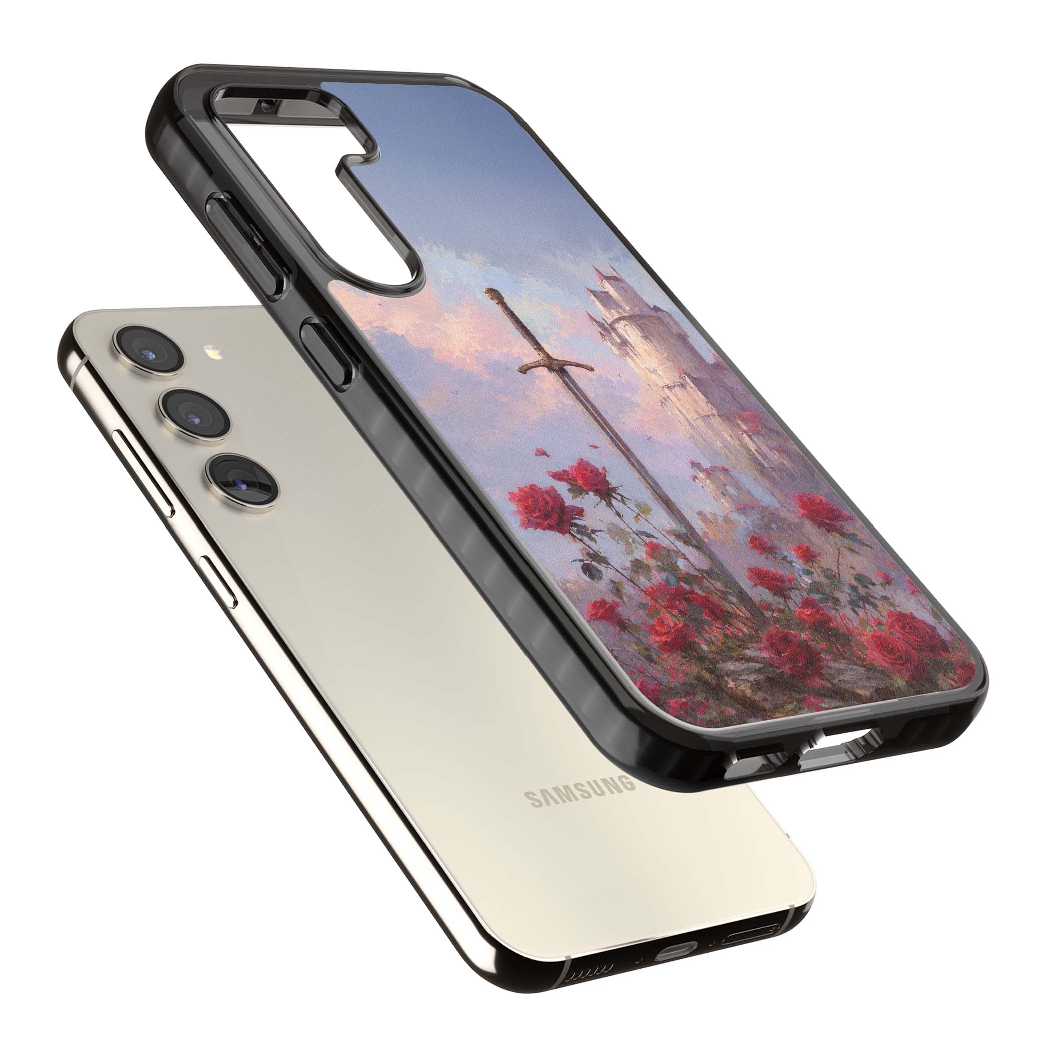 Sword in Roses medieval art iPhone case featuring a sword, red roses, and a misty fairytale castle at sunset | Black Impact case for Samsung Galaxy S24, Samsung Galaxy S23, Samsung Galaxy S22