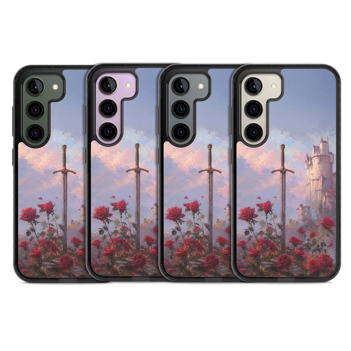 Sword in Roses medieval art iPhone case featuring a sword, red roses, and a misty fairytale castle at sunset | Black Impact case for Samsung Galaxy S24, Samsung Galaxy S23, Samsung Galaxy S22