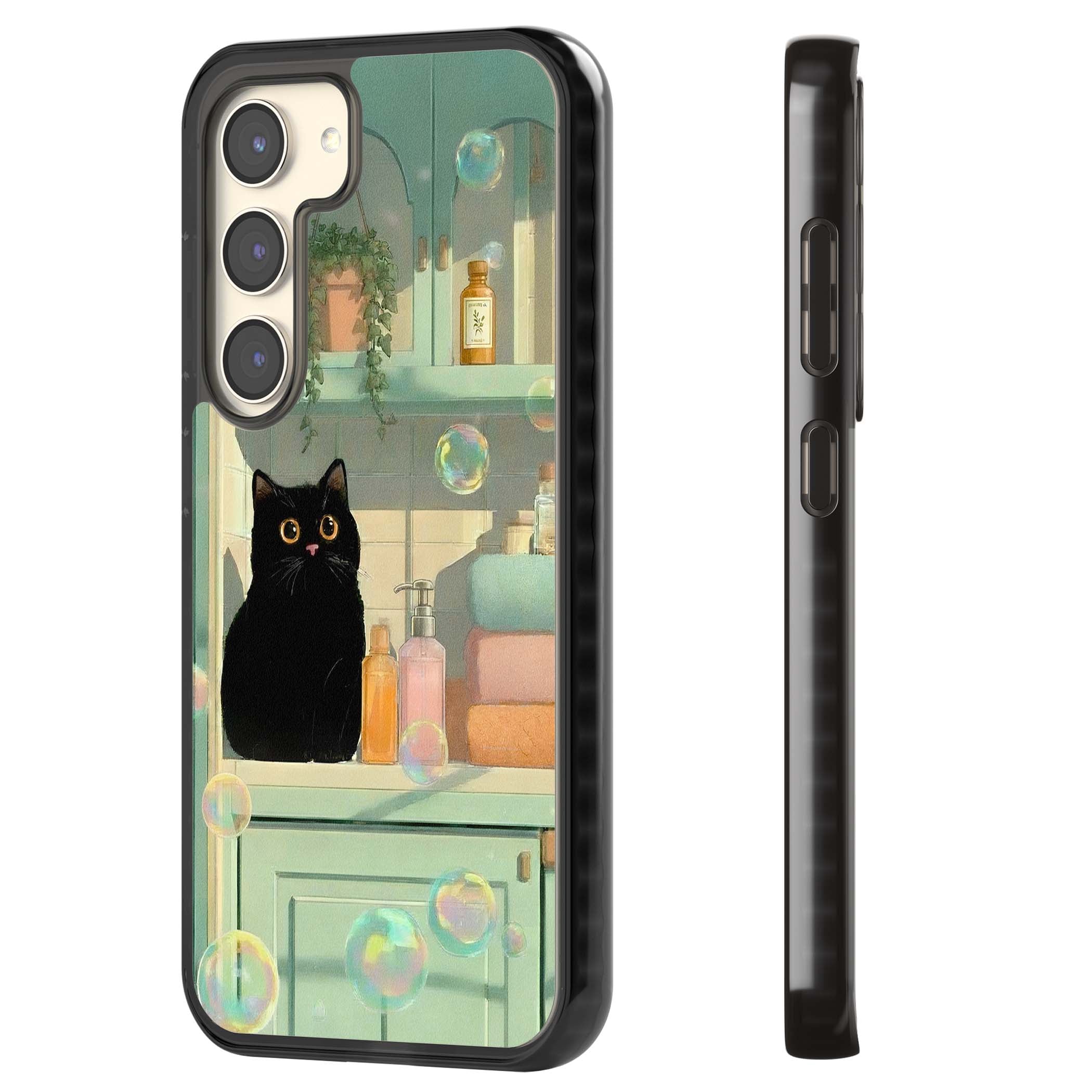 Bathroom Bubble Kitty cottagecore iPhone case featuring a black cat, mint bathroom scene and floating soap bubbles | Black Impact case for Samsung Galaxy S24, Samsung Galaxy S23, Samsung Galaxy S22