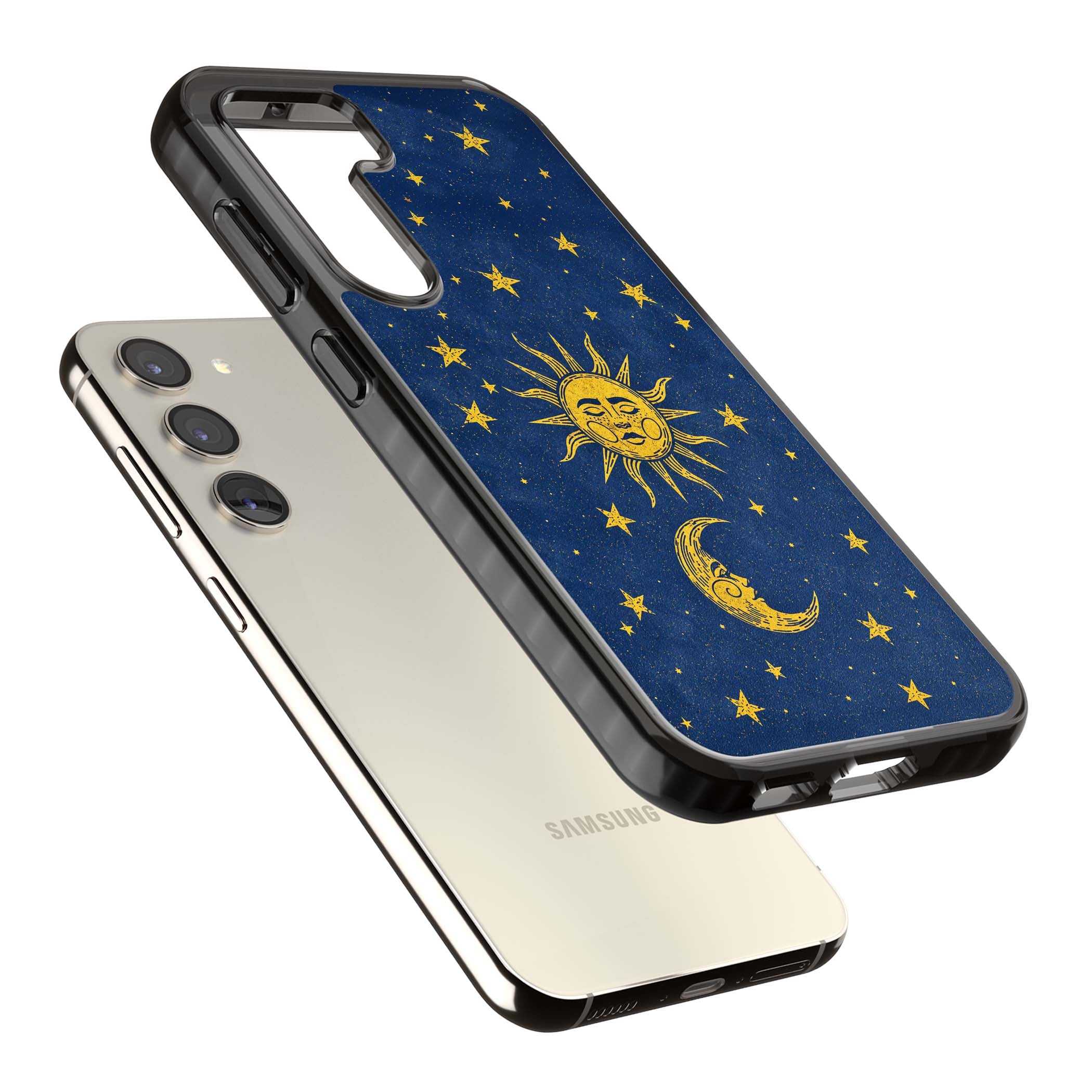 Sun & Moon Reverie celestial iPhone case featuring a vintage golden sun, crescent moon and scattered stars on midnight blue | Black Impact case for Samsung Galaxy S24, Samsung Galaxy S23, Samsung Galaxy S22