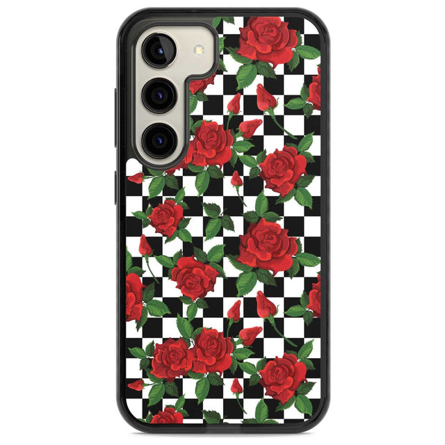 Checkered Pattern & Red Roses Phone Case Samsung S22 / Black Impact Case,Samsung S23 / Black Impact Case Blanc Space
