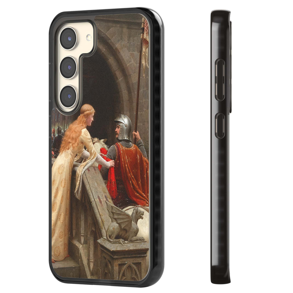 God Speed fine art iPhone case featuring Edmund Blair Leighton's medieval knight and lady beneath a stone archway | Black Impact case for Samsung Galaxy S24, Samsung Galaxy S23, Samsung Galaxy S22
