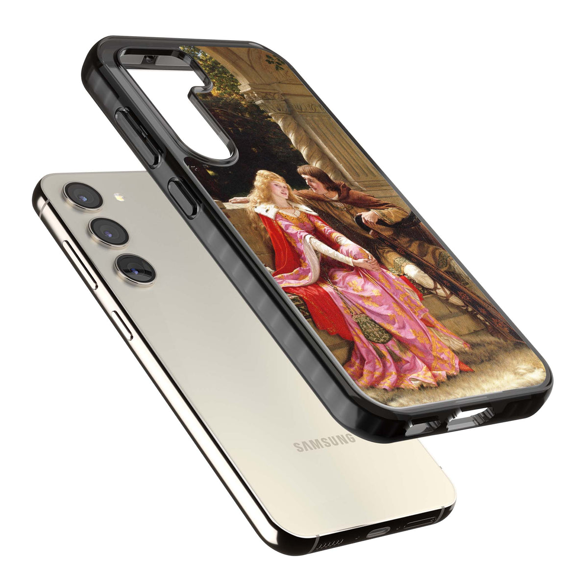 The End of the Song classic art iPhone case featuring a medieval lady in pink gown and her knight in a stone archway | Black Impact case for Samsung Galaxy S24, Samsung Galaxy S23, Samsung Galaxy S22